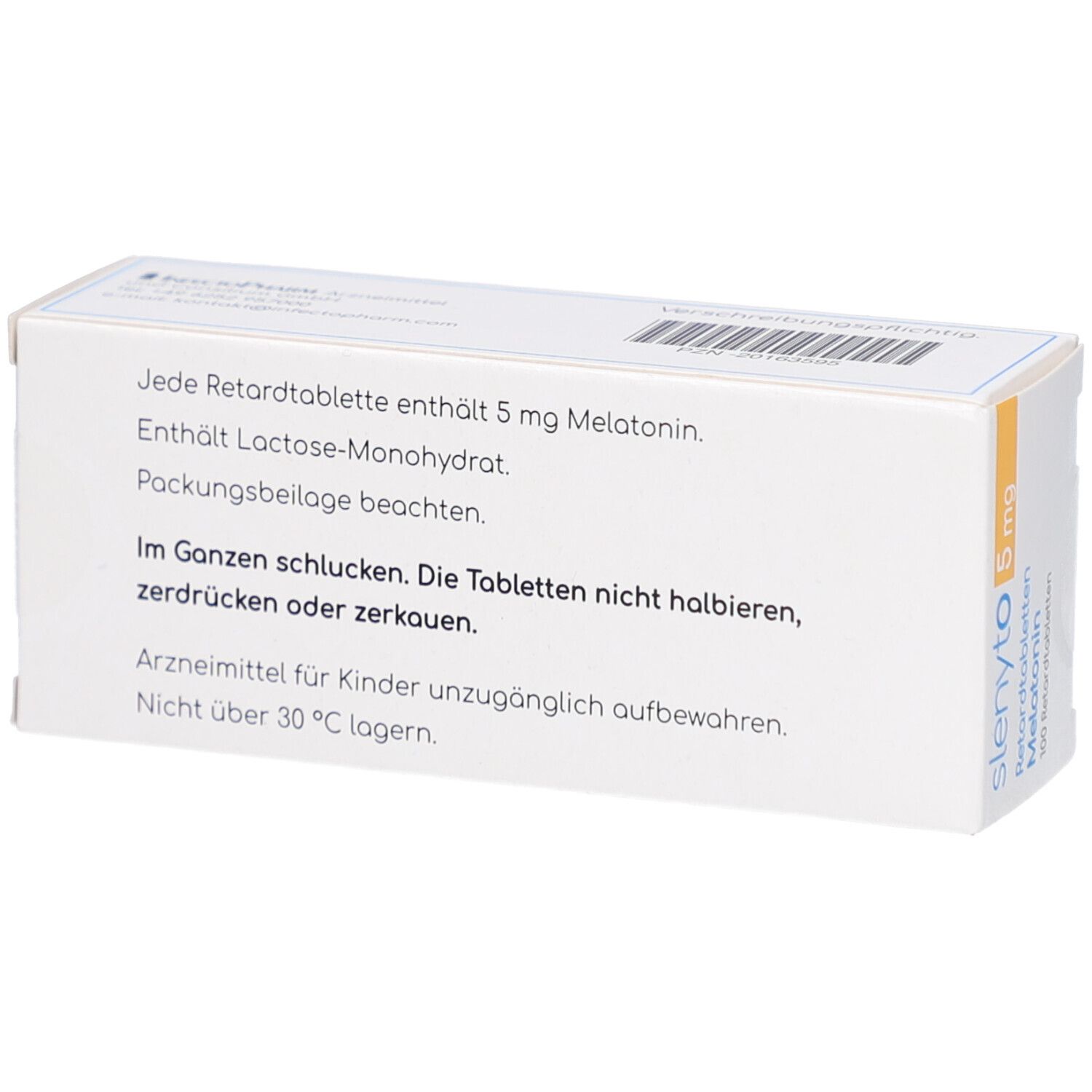 Rückseite der Schachtel SLENYTO 5 mg Retardtabletten. Text: Inhaltsstoffe, Anwendungshinweise, Lagerung.