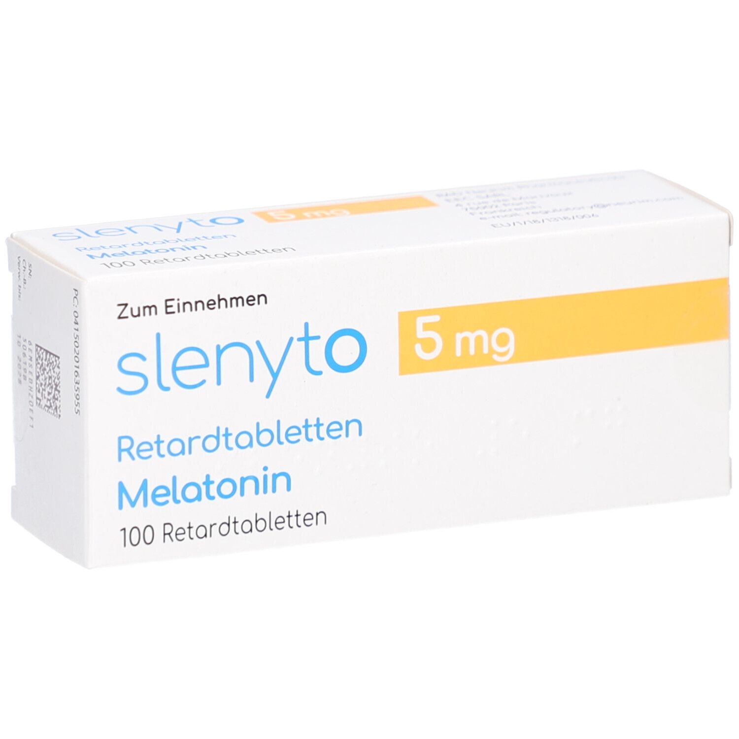 Schachtel SLENYTO 5 mg Retardtabletten. Blaue Schrift, gelbes Feld. 100 Retardtabletten. Zum Einnehmen.