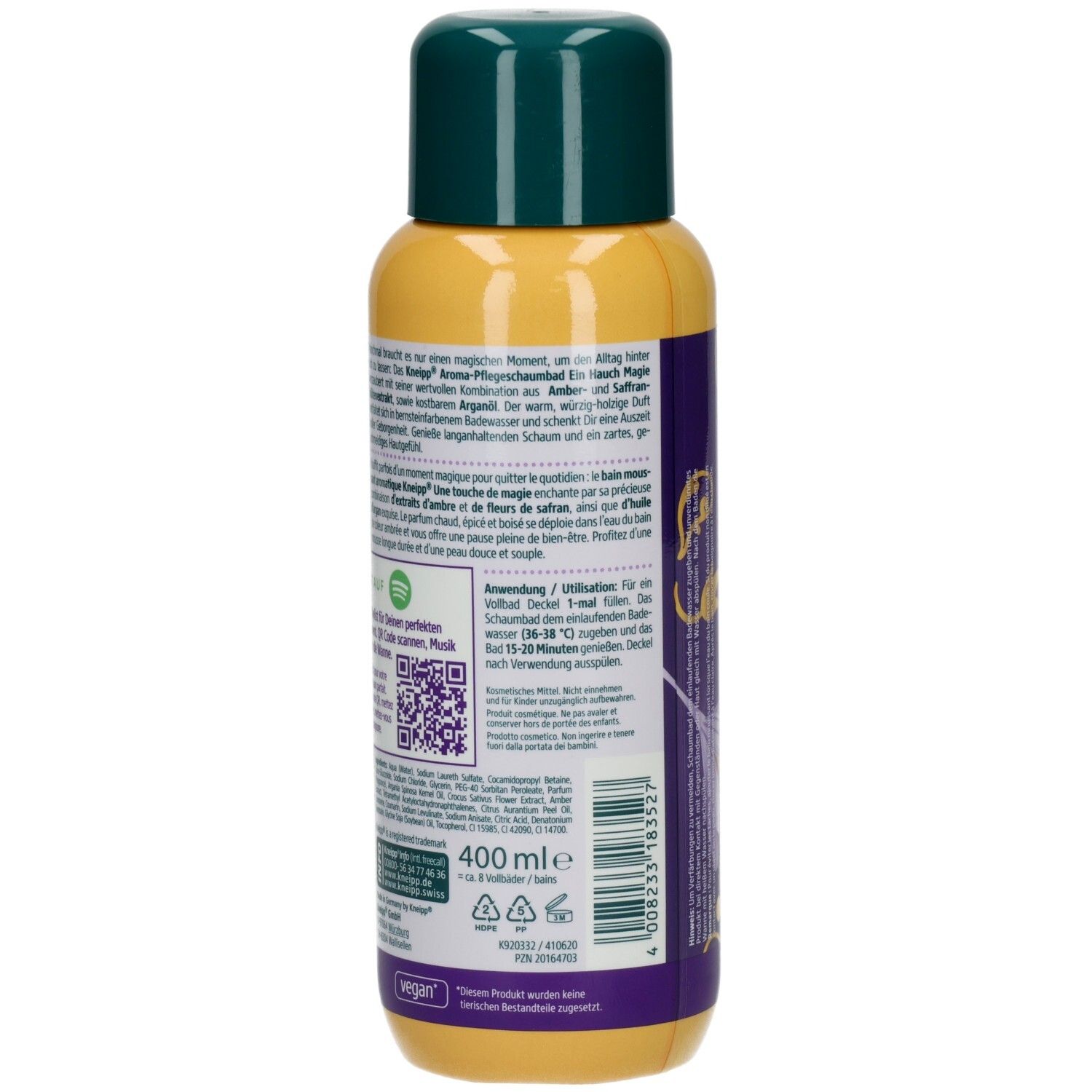 Rückansicht der gelben Flasche. Text: Kneipp Aroma-Pflegeschaumbad Ein Hauch Magie. Inhaltsstoffe, QR-Code, Vegan-Siegel, 400 ml.