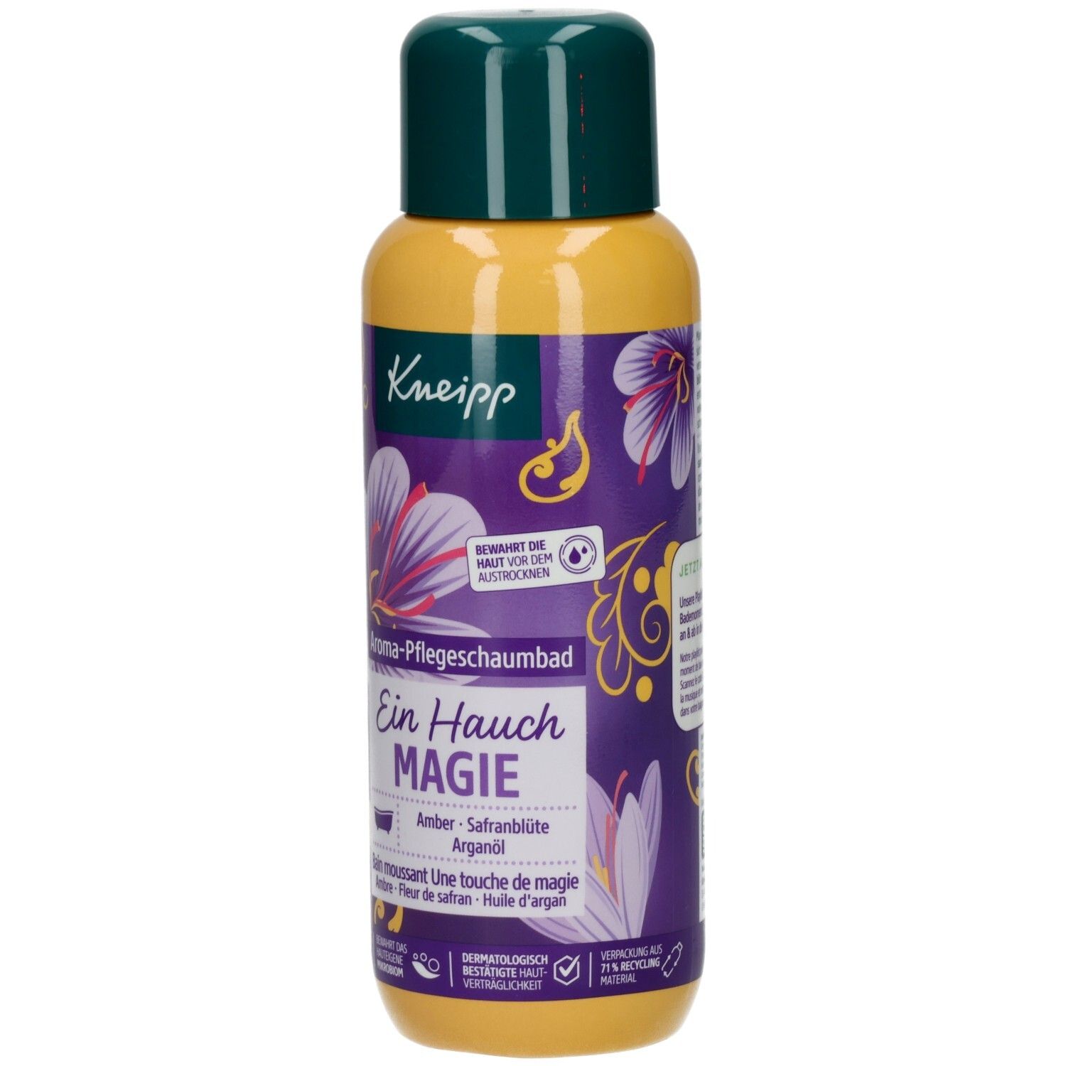 Gelbe Flasche mit grünem Deckel. Aufschrift: Kneipp Aroma-Pflegeschaumbad Ein Hauch Magie. Enthält Amber, Safranblüte, Arganöl.