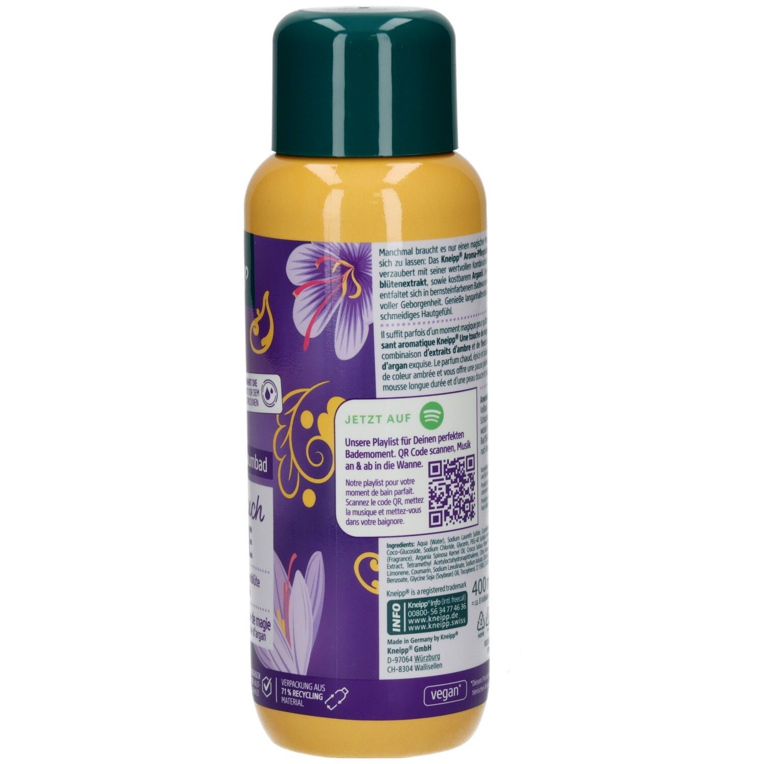 Rückseite der gelben Flasche. Text: Kneipp Aroma-Pflegeschaumbad Ein Hauch Magie. QR-Code für Playlist, 400 ml, Vegan-Siegel.