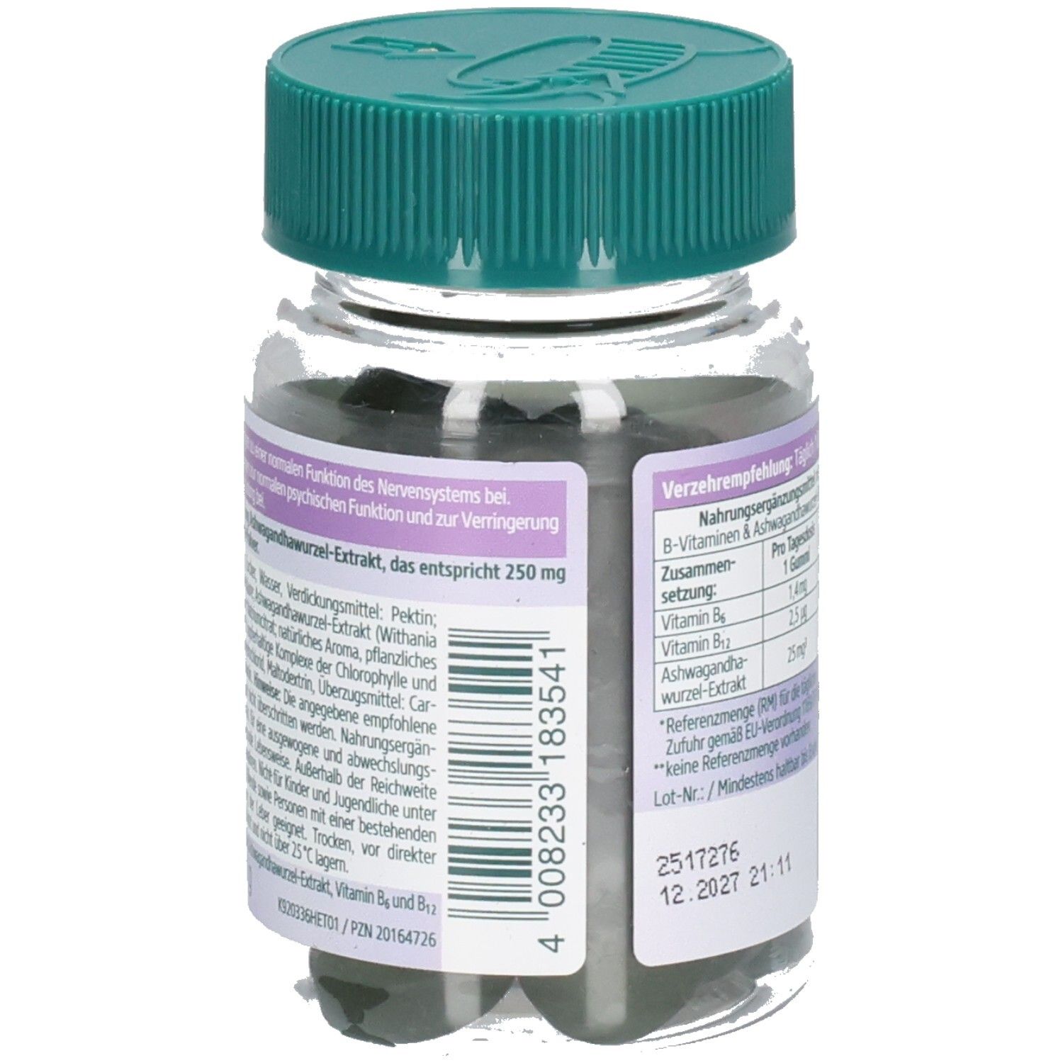 Rückansicht der KNEIPP Ashwagandha Gummies Flasche. Etikett mit Inhaltsstoffen und Verzehrempfehlung. Grüner Deckel.