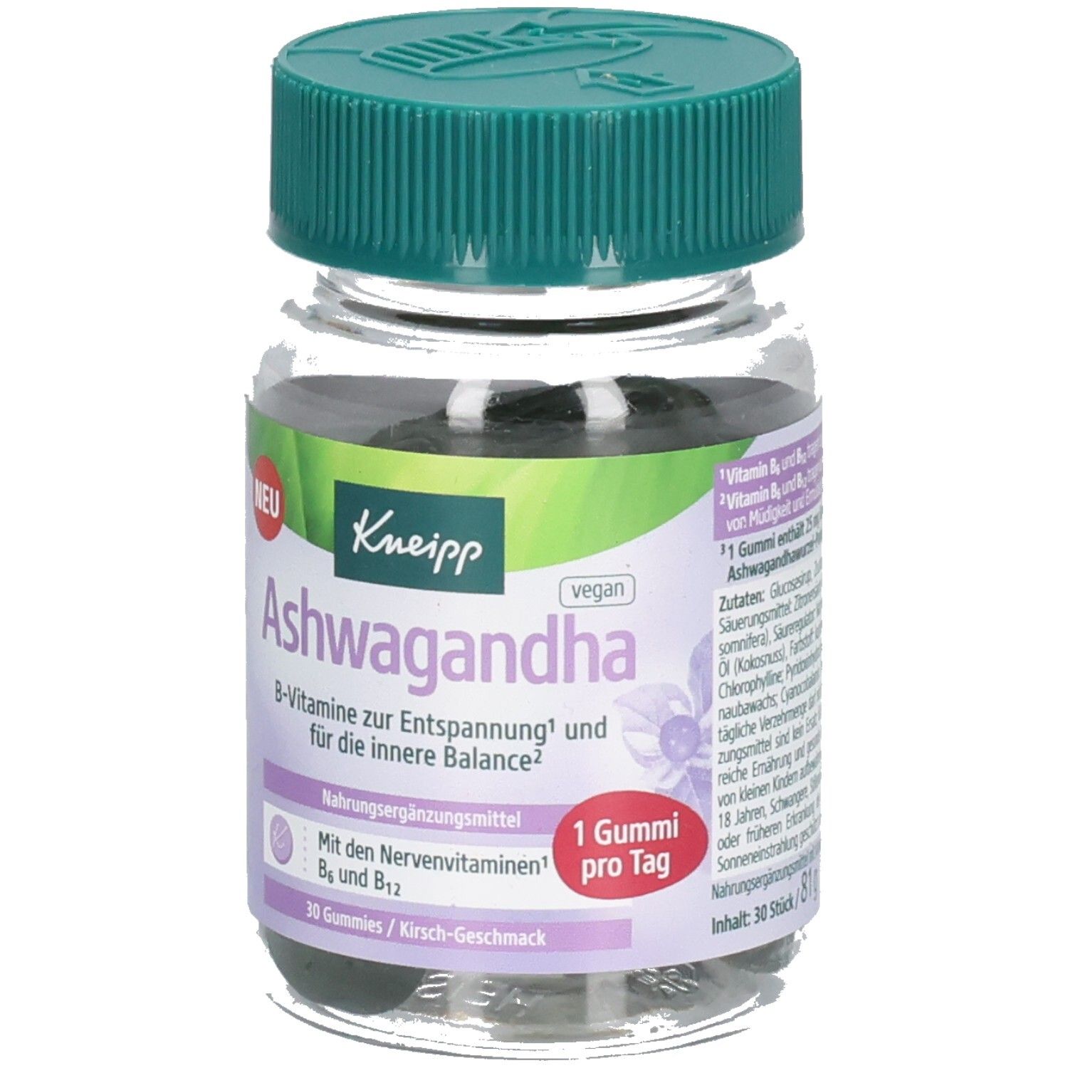 KNEIPP Ashwagandha Gummies Flasche. Aufkleber mit Produktnamen, 'vegan' und '1 Gummi pro Tag'. Grüner Deckel.