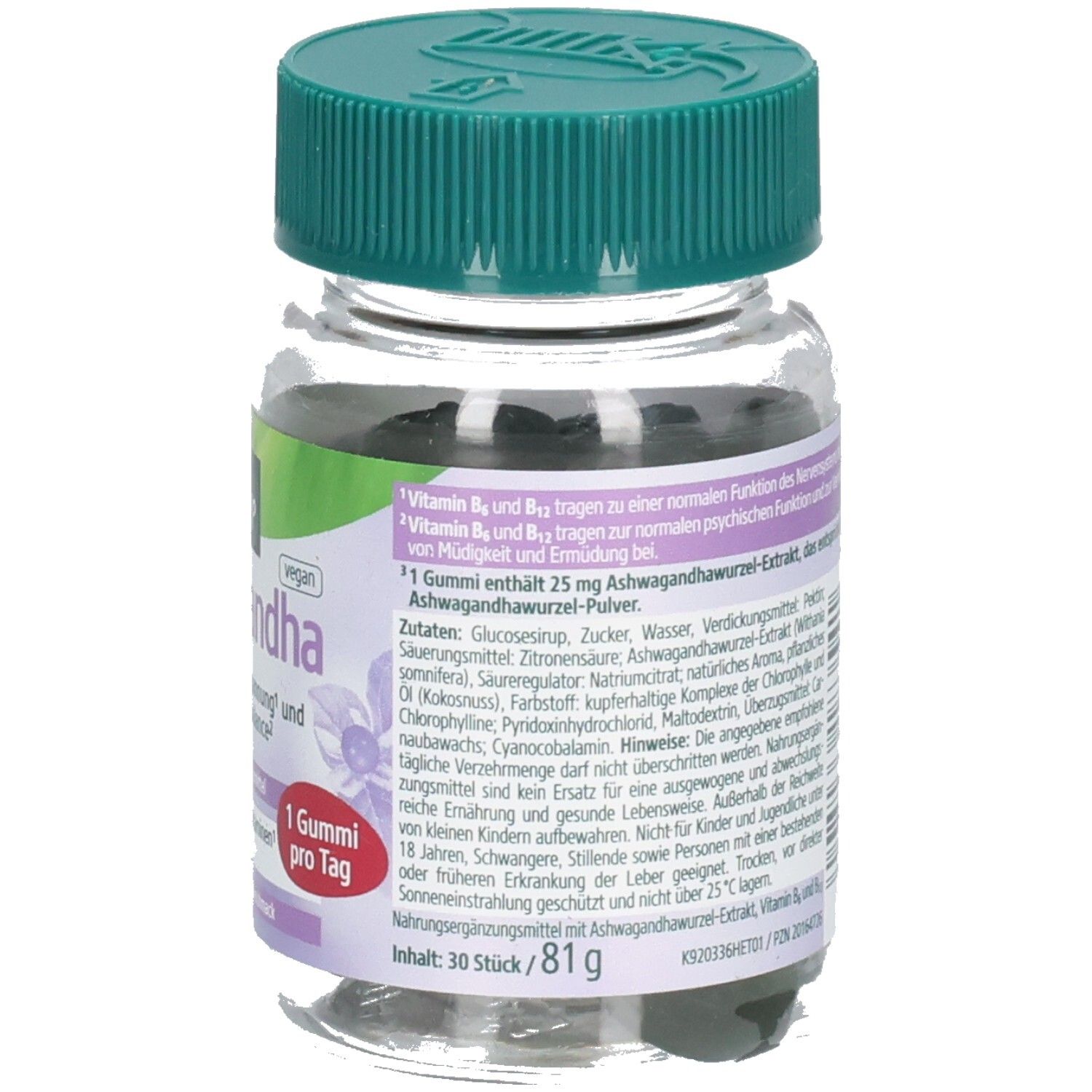 KNEIPP Ashwagandha Gummies Flasche. Etikett mit Inhaltsstoffen und Verzehrempfehlung. Grüner Deckel. 30 Gummies.