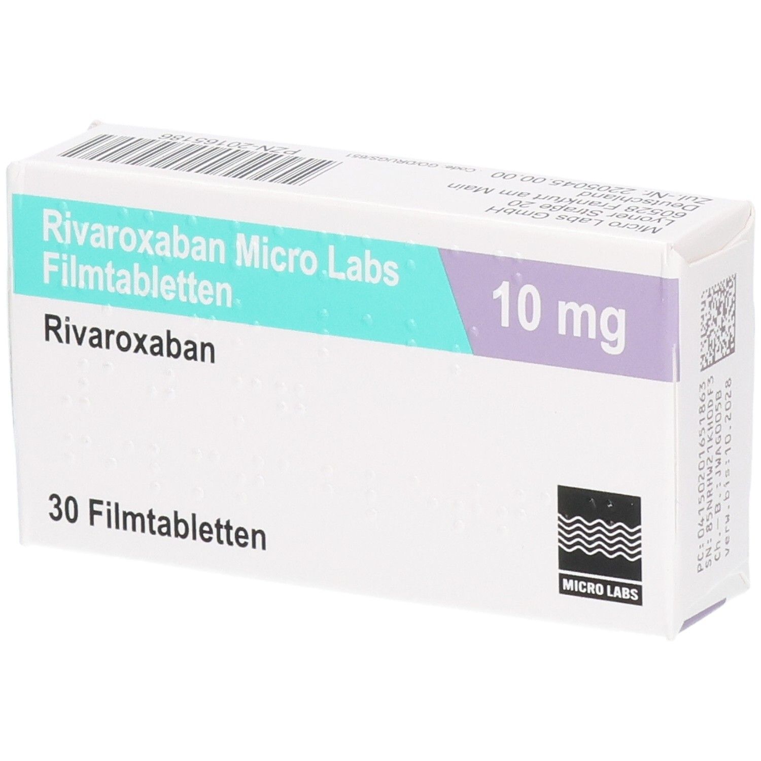 Schachtel mit Rivaroxaban Micro Labs 10 mg Filmtabletten. Aufschrift: 30 Filmtabletten. Logo Micro Labs.