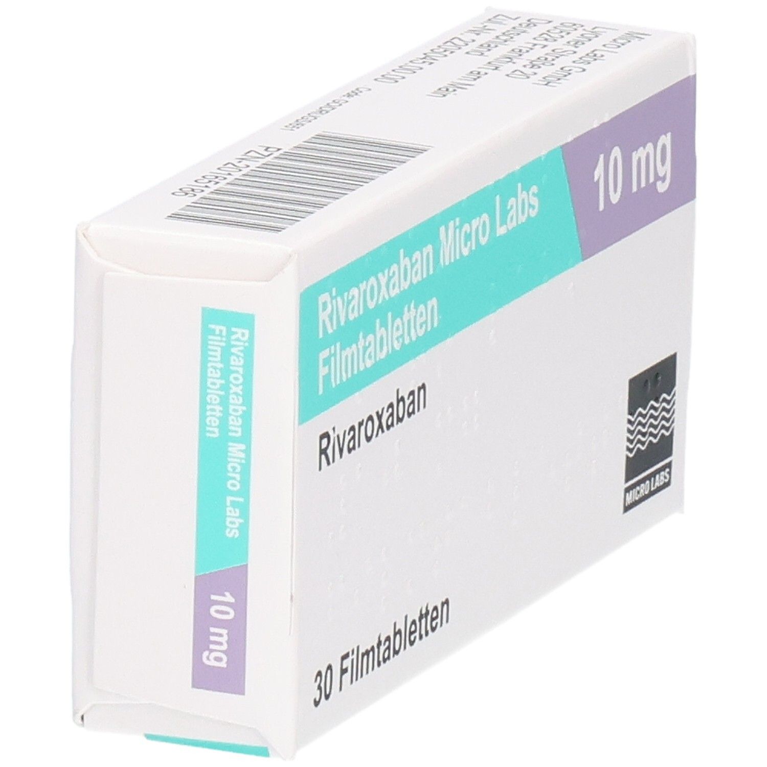 Schachtel Rivaroxaban Micro Labs 10 mg Filmtabletten. Seitenansicht. Aufschrift: 10 mg, 30 Filmtabletten. Logo Micro Labs.