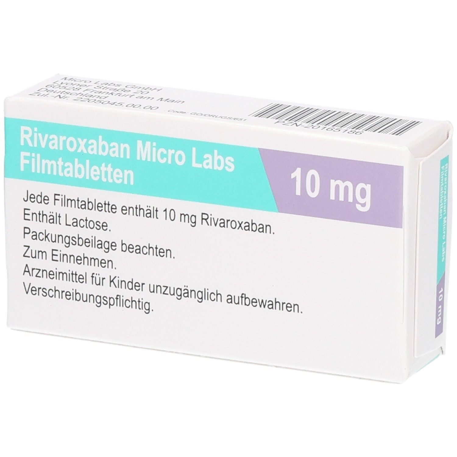 Schachtel Rivaroxaban Micro Labs 10 mg Filmtabletten. Text auf der Rückseite. Aufschrift: 10 mg, 30 Filmtabletten. Logo Micro Labs.