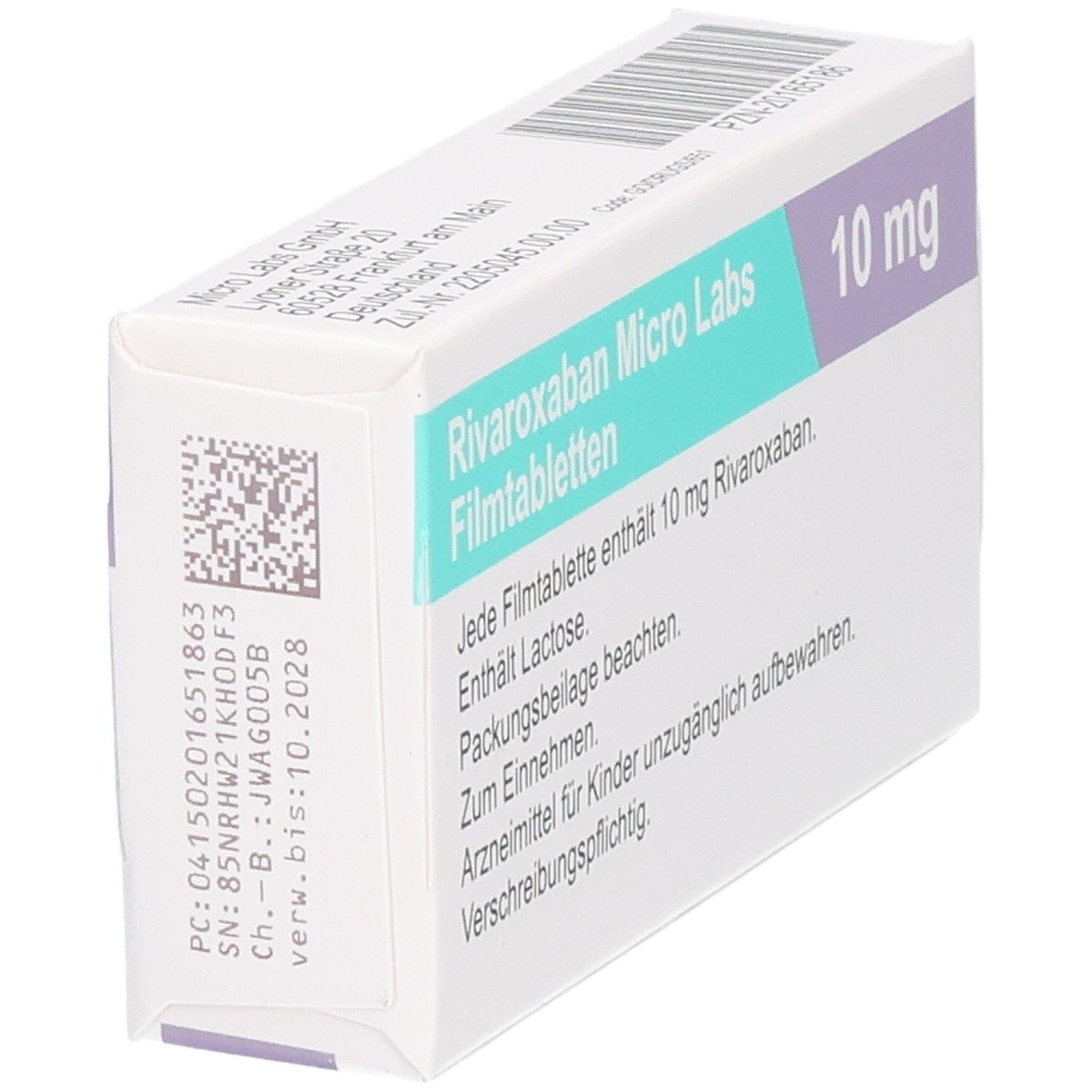 Schachtel Rivaroxaban Micro Labs 10 mg Filmtabletten. Rückseite mit Text und Barcode. Aufschrift: 10 mg, 30 Filmtabletten. Logo Micro Labs.