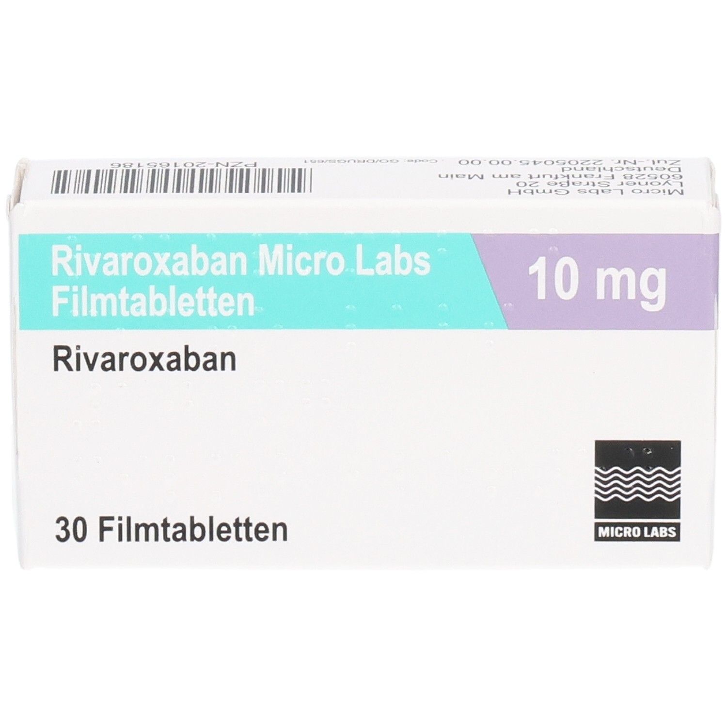 Schachtel Rivaroxaban Micro Labs 10 mg Filmtabletten. Aufschrift: 30 Filmtabletten, 10 mg. Logo Micro Labs.