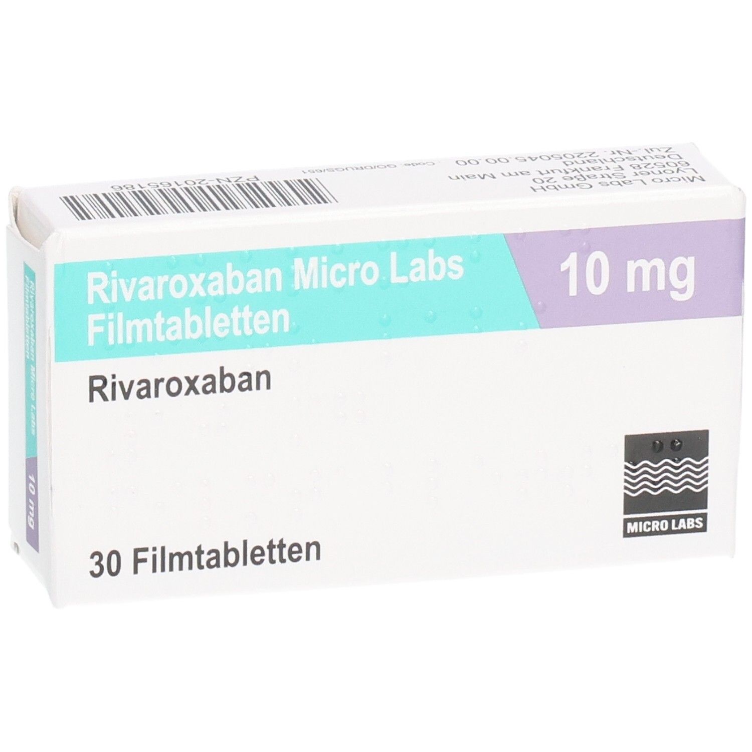 Schachtel Rivaroxaban Micro Labs 10 mg Filmtabletten. Aufschrift: 30 Filmtabletten, 10 mg. Logo Micro Labs.