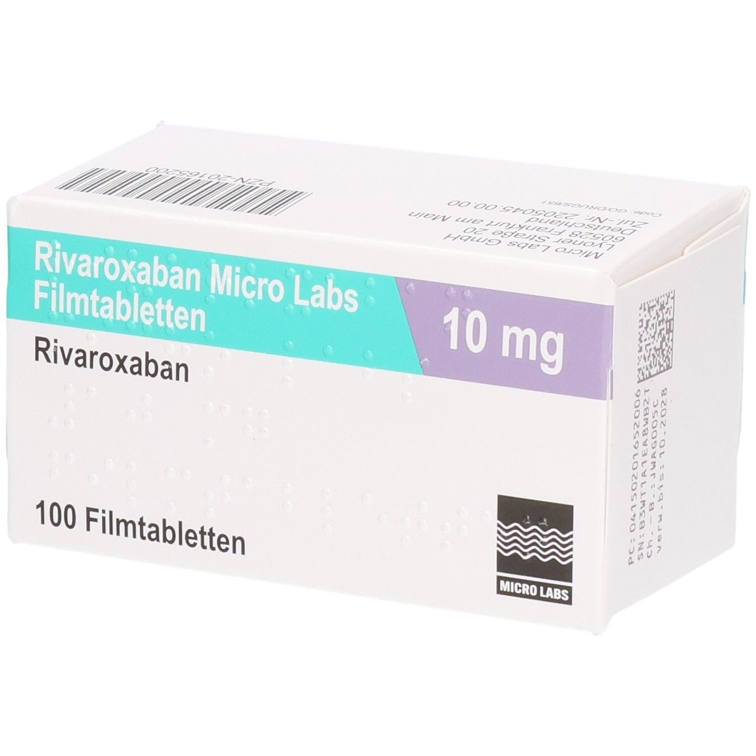 Schachtel mit Aufschrift RIVAROXABAN Micro Labs 10 mg Filmtabletten. 100 Tabletten. Logo Micro Labs.