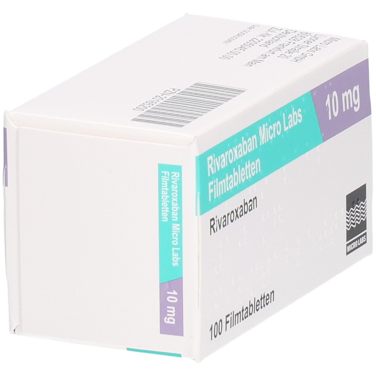 Schachtel RIVAROXABAN Micro Labs 10 mg Filmtabletten. Seitenansicht. Text und Logo Micro Labs.