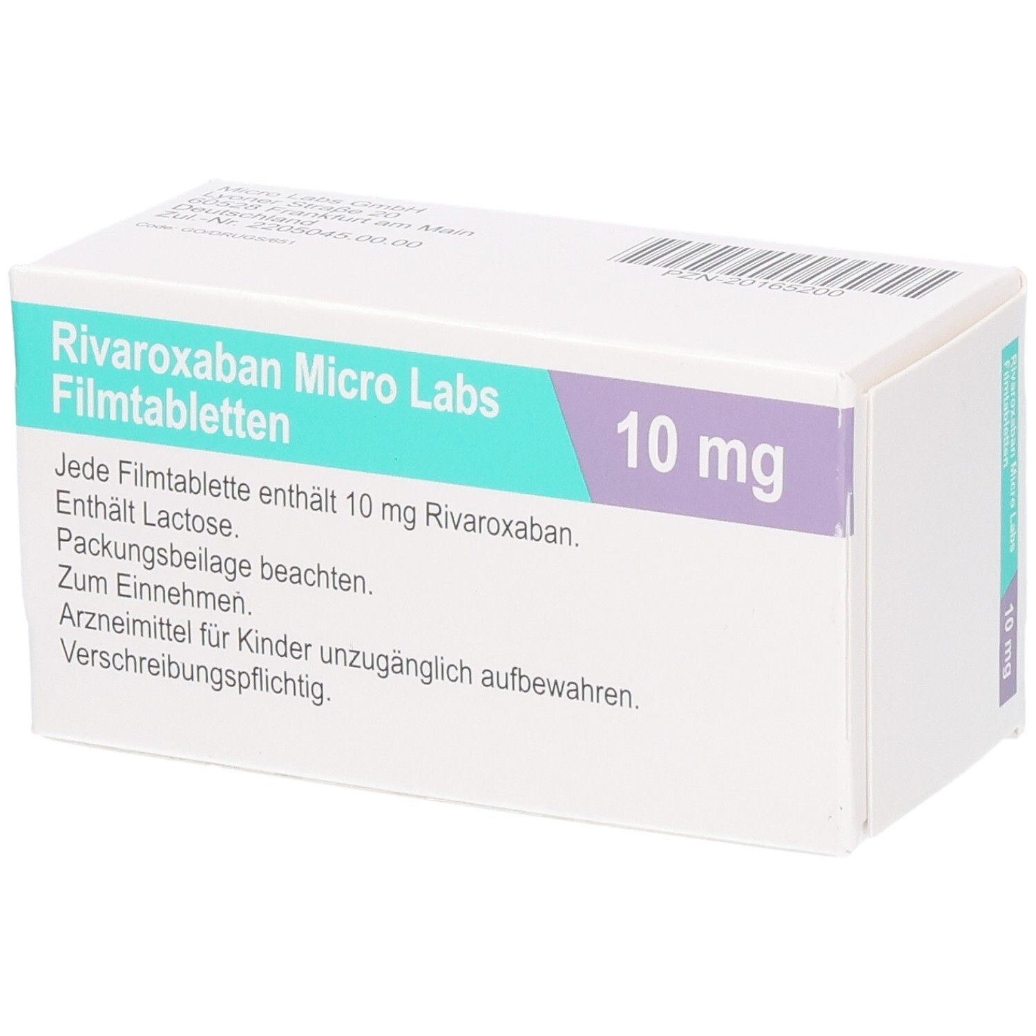 Schachtel RIVAROXABAN Micro Labs 10 mg Filmtabletten. Text mit Inhaltsangaben. Logo Micro Labs.
