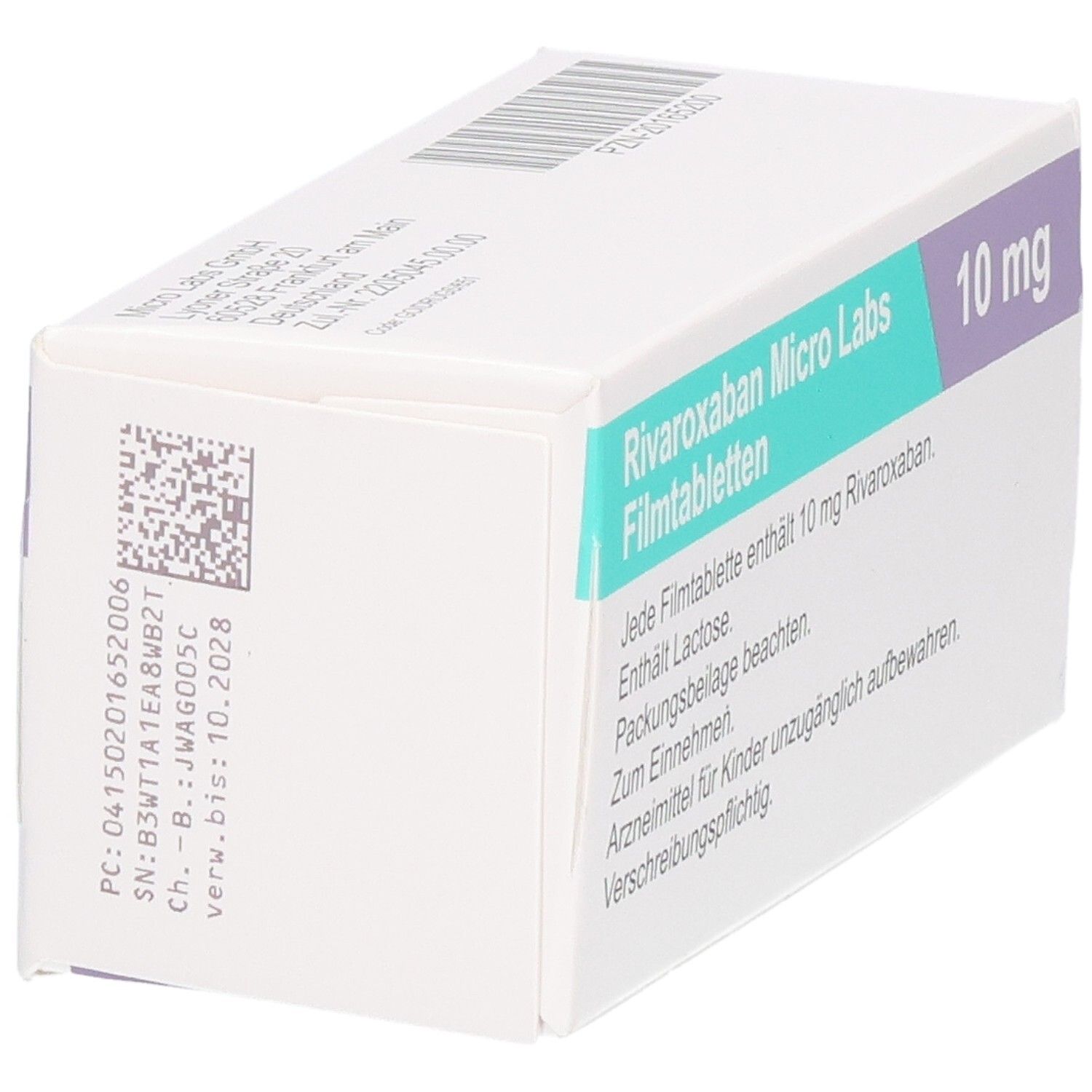 Schachtel RIVAROXABAN Micro Labs 10 mg Filmtabletten. Detailansicht mit Text und Logo Micro Labs.