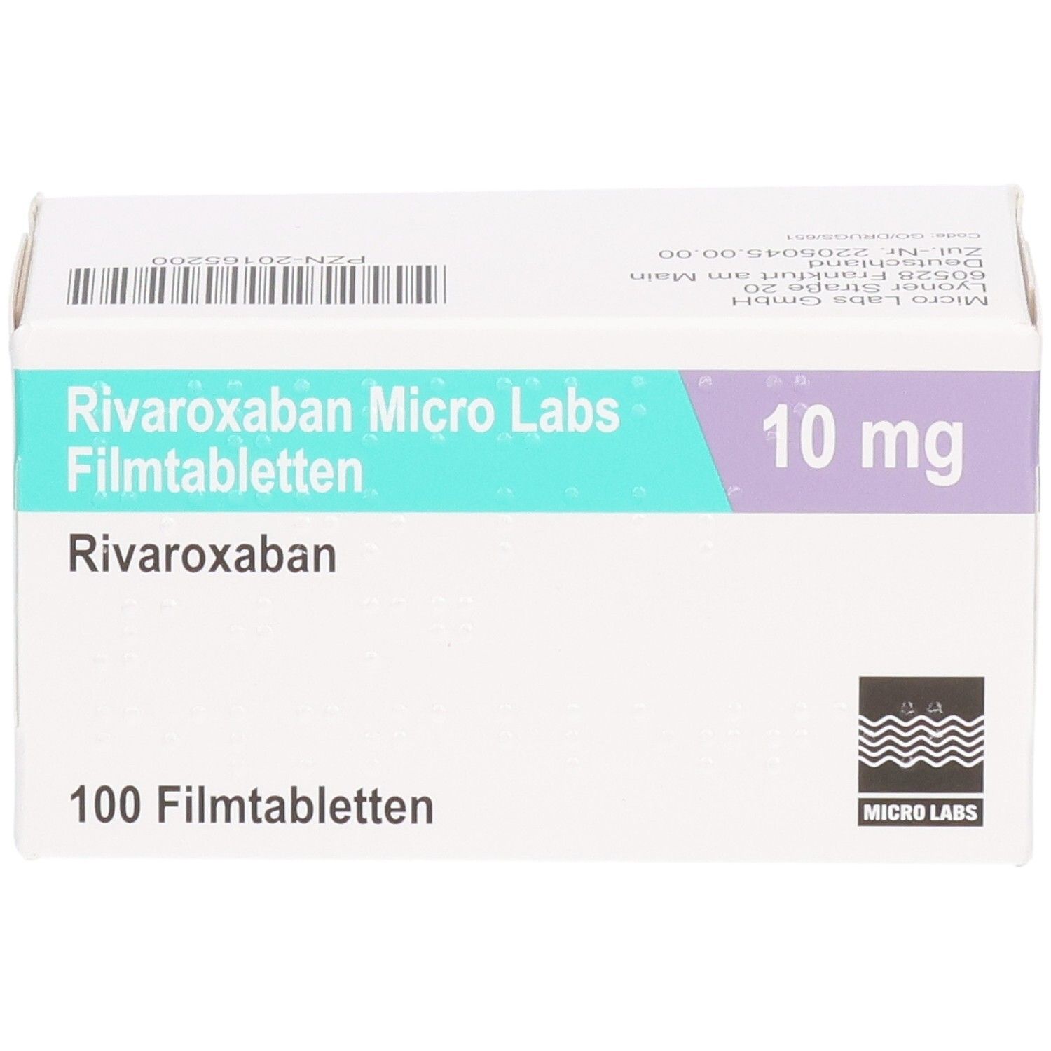 Schachtel RIVAROXABAN Micro Labs 10 mg Filmtabletten. 100 Tabletten. Logo Micro Labs.