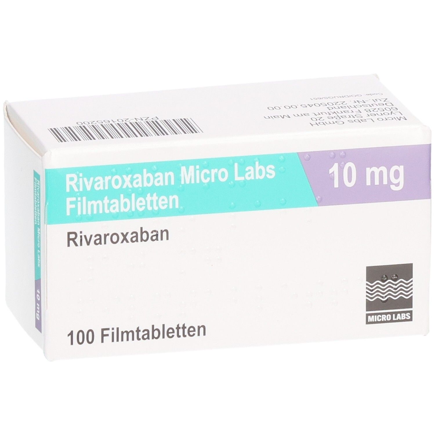 Schachtel RIVAROXABAN Micro Labs 10 mg Filmtabletten. 100 Tabletten. Logo Micro Labs.