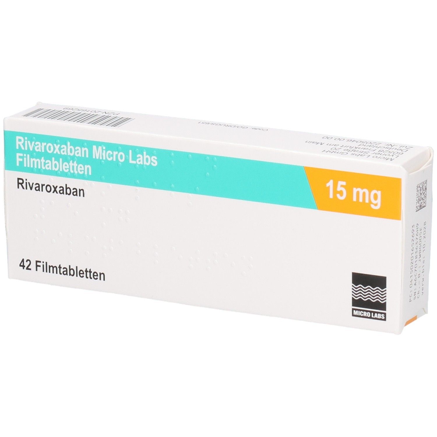 Schachtel RIVAROXABAN Micro Labs 15 mg Filmtabletten. Aufschrift: 42 Filmtabletten, 15 mg. Logo Micro Labs.