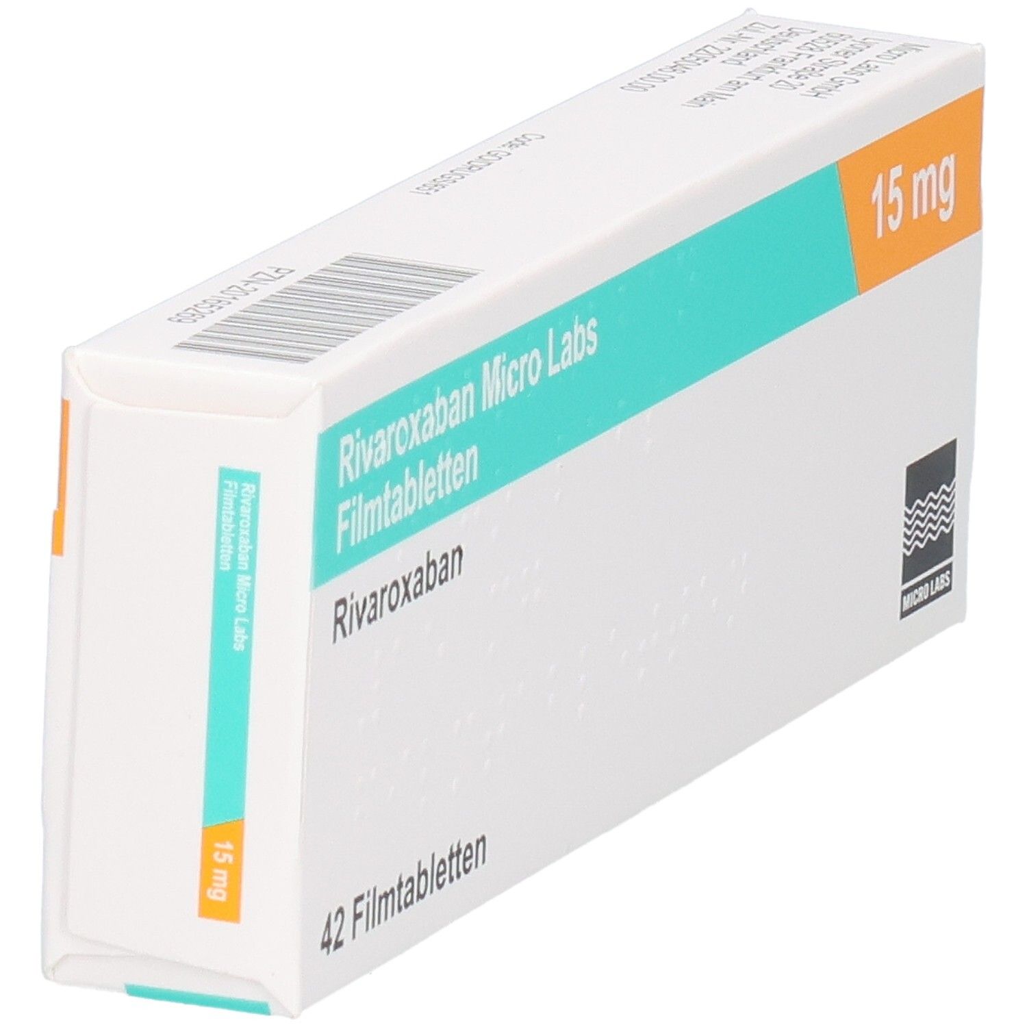 Schachtel RIVAROXABAN Micro Labs 15 mg Filmtabletten. Aufschrift: 42 Filmtabletten, 15 mg. Logo Micro Labs.