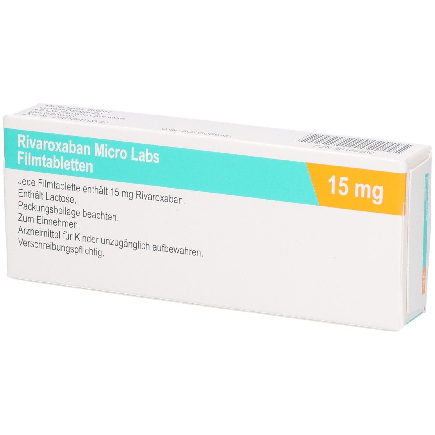Schachtel RIVAROXABAN Micro Labs 15 mg Filmtabletten. Aufschrift: 15 mg. Text auf der Rückseite.