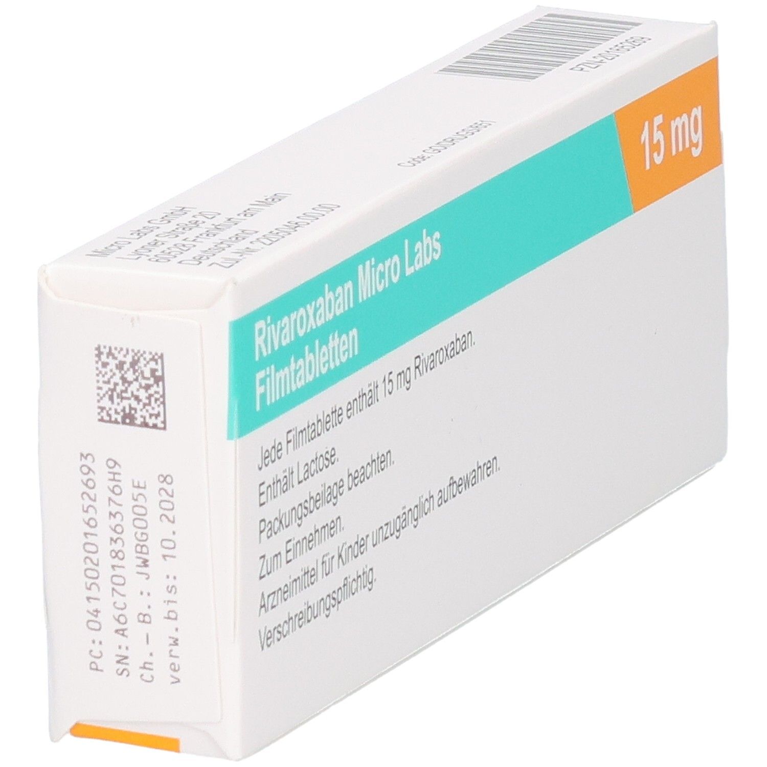 Schachtel RIVAROXABAN Micro Labs 15 mg Filmtabletten. Aufschrift: 15 mg. Text auf der Rückseite.