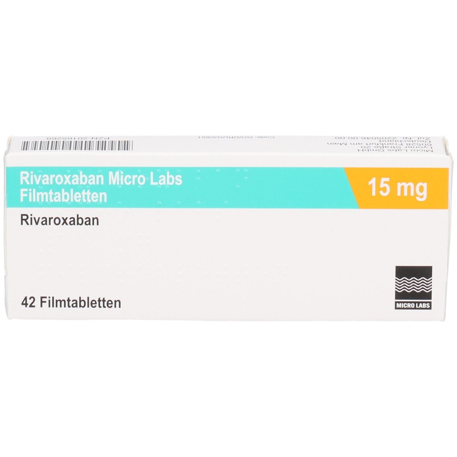 Schachtel RIVAROXABAN Micro Labs 15 mg Filmtabletten. Aufschrift: 42 Filmtabletten, 15 mg. Logo Micro Labs.
