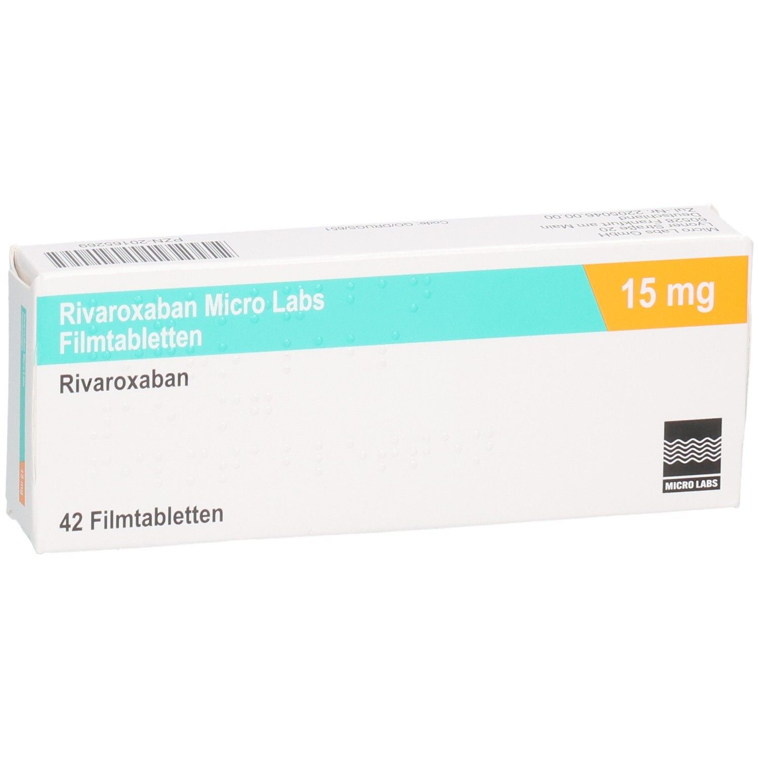 Schachtel RIVAROXABAN Micro Labs 15 mg Filmtabletten. Aufschrift: 42 Filmtabletten, 15 mg. Logo Micro Labs.