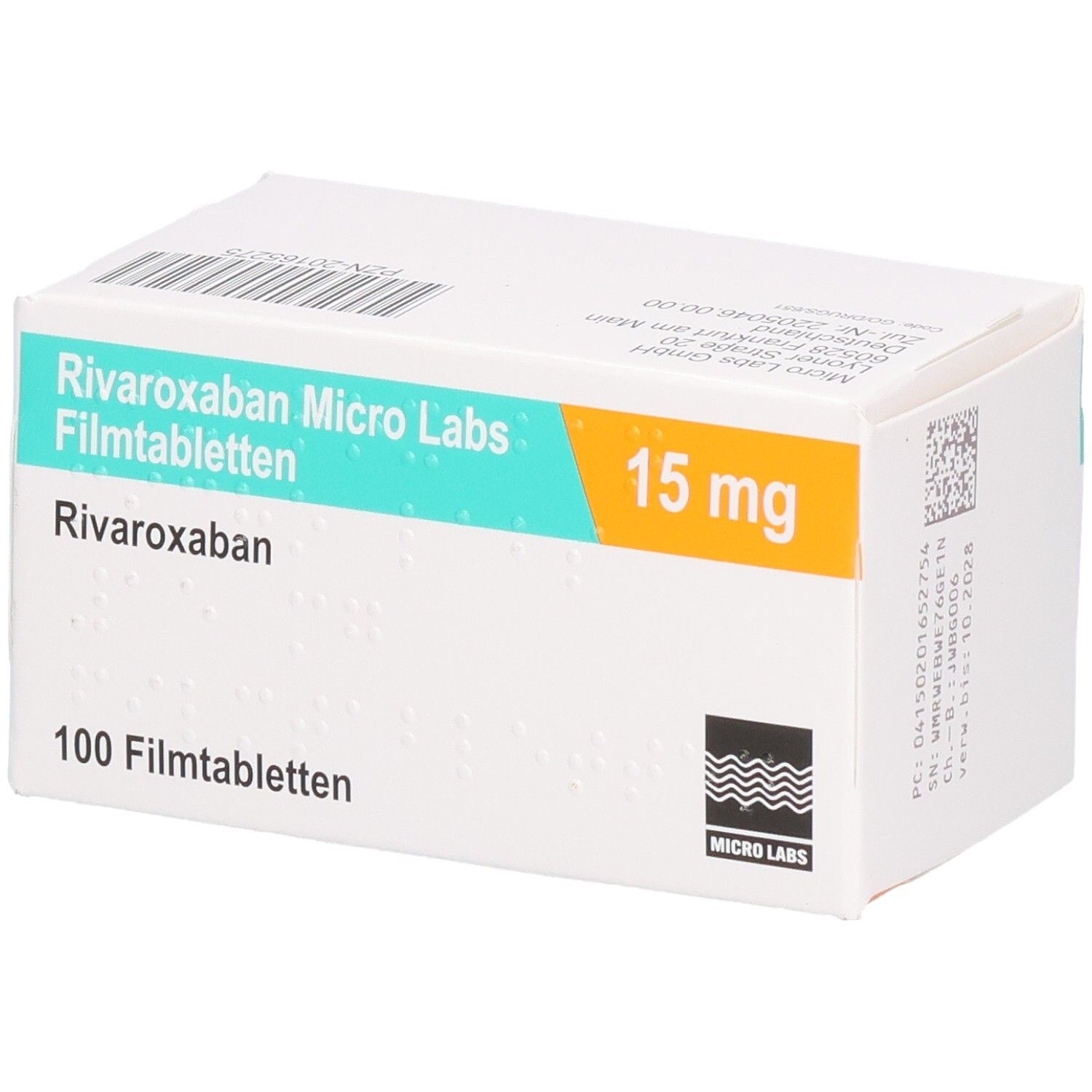 Schachtel mit RIVAROXABAN Micro Labs 15 mg Filmtabletten. Aufschrift: 100 Filmtabletten. Logo Micro Labs.