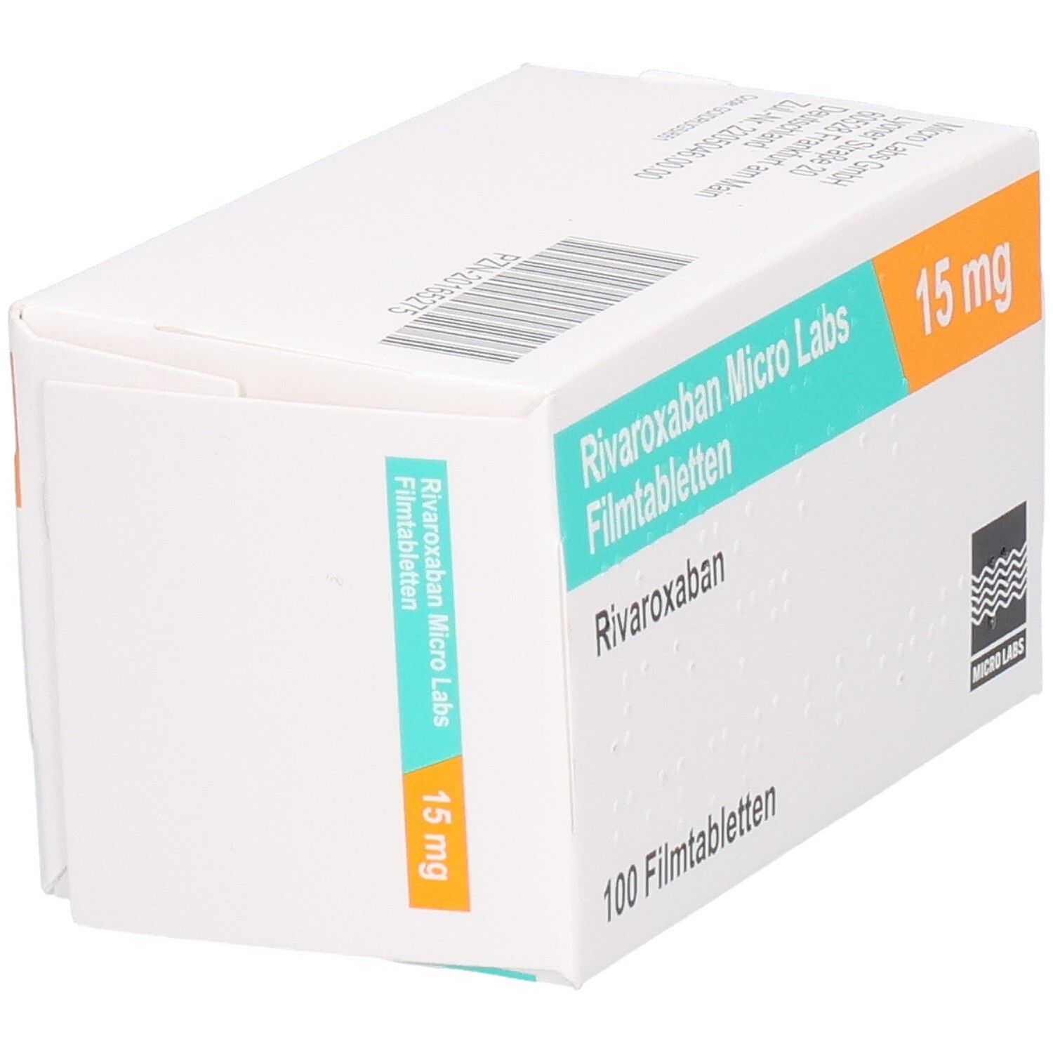 Schachtel mit RIVAROXABAN Micro Labs 15 mg Filmtabletten. Aufschrift: 100 Filmtabletten. Logo Micro Labs.