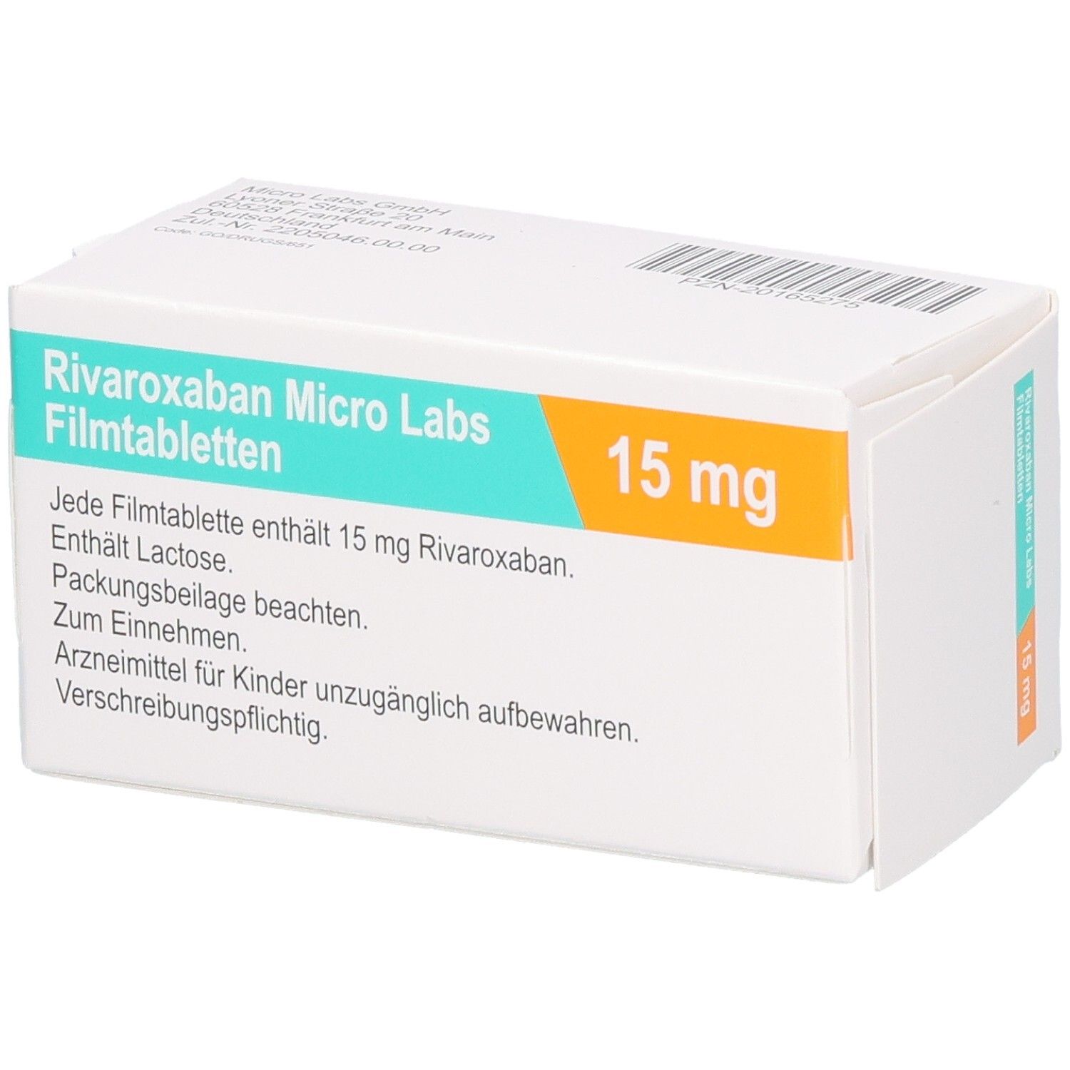 Schachtel mit RIVAROXABAN Micro Labs 15 mg Filmtabletten. Text auf der Seite. Logo Micro Labs.
