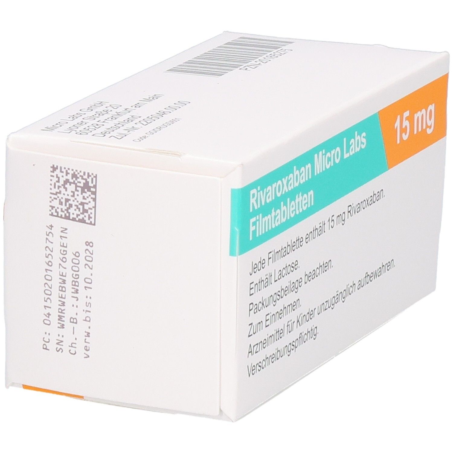 Schachtel mit RIVAROXABAN Micro Labs 15 mg Filmtabletten. Text auf der Seite. Logo Micro Labs.