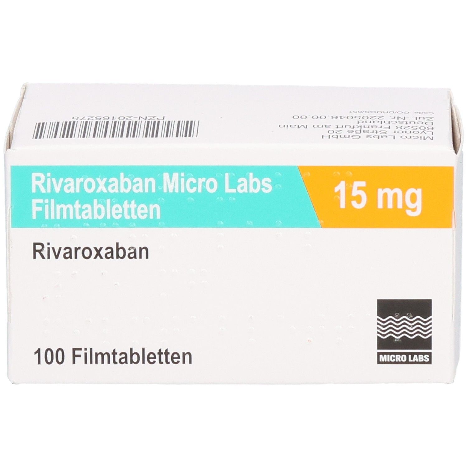 Schachtel mit RIVAROXABAN Micro Labs 15 mg Filmtabletten. Aufschrift: 100 Filmtabletten. Logo Micro Labs.