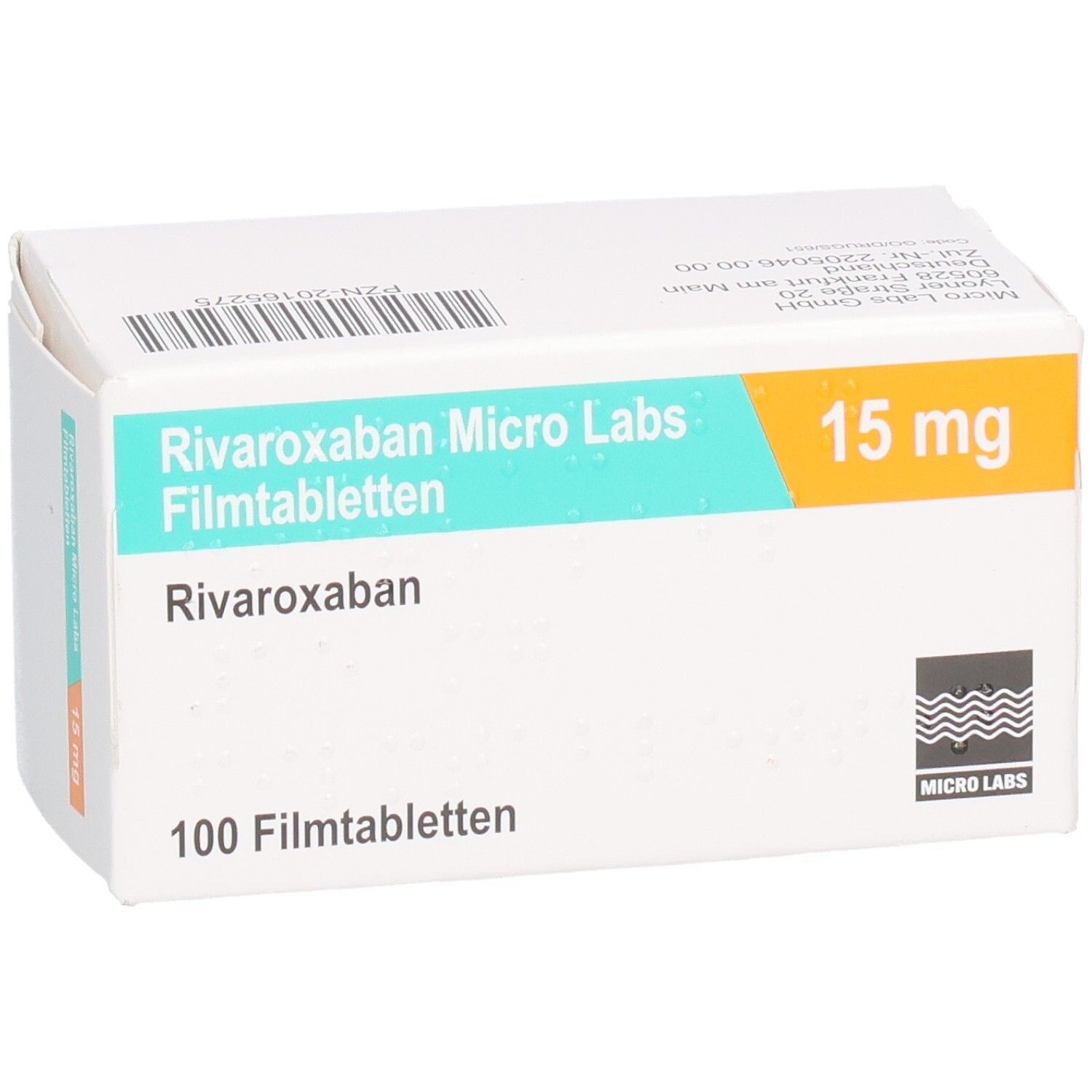 Schachtel mit RIVAROXABAN Micro Labs 15 mg Filmtabletten. Aufschrift: 100 Filmtabletten. Logo Micro Labs.