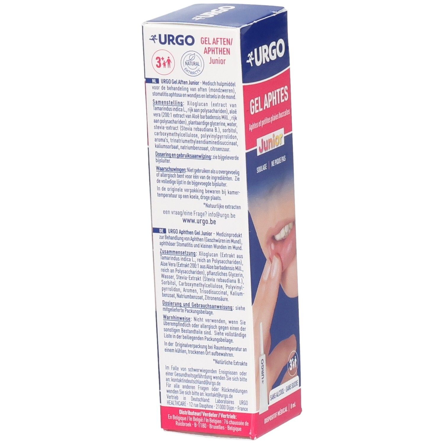 Rückseite der URGO Gel Aphten Junior Verpackung mit Anwendungshinweisen und Inhaltsstoffen.