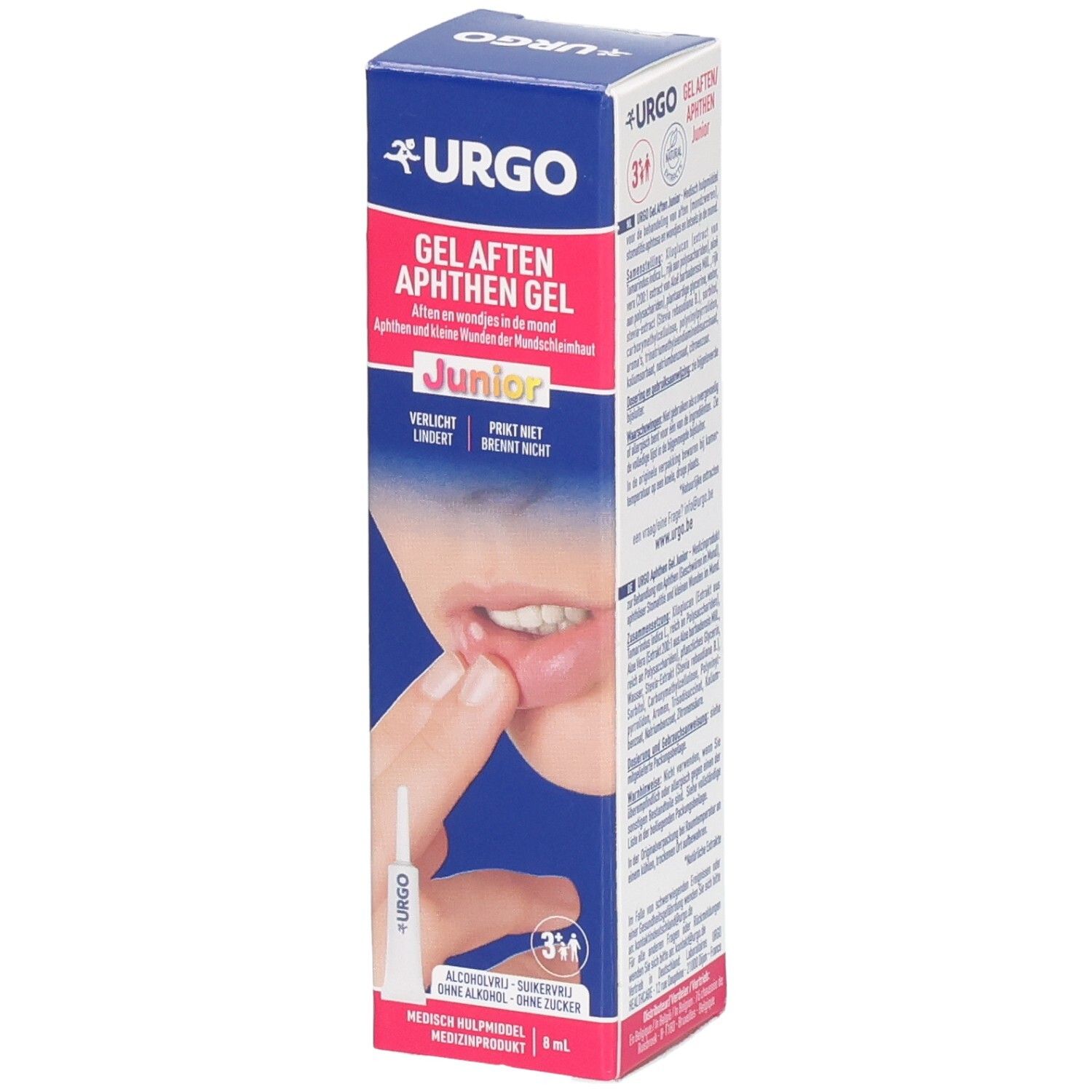 URGO Gel Aphten Junior Verpackung, Vorderseite mit Abbildung eines Mundes mit Aphthen.