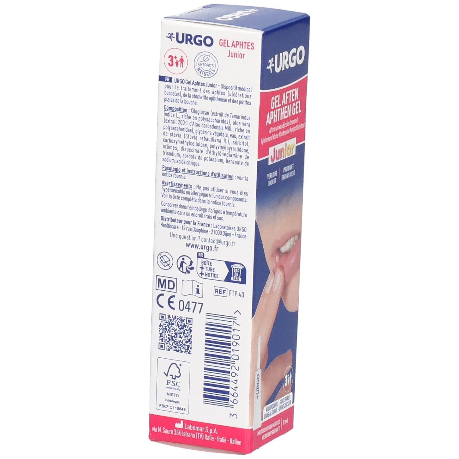 Seite der URGO Gel Aphten Junior Verpackung mit Produktinformationen und CE-Kennzeichnung.