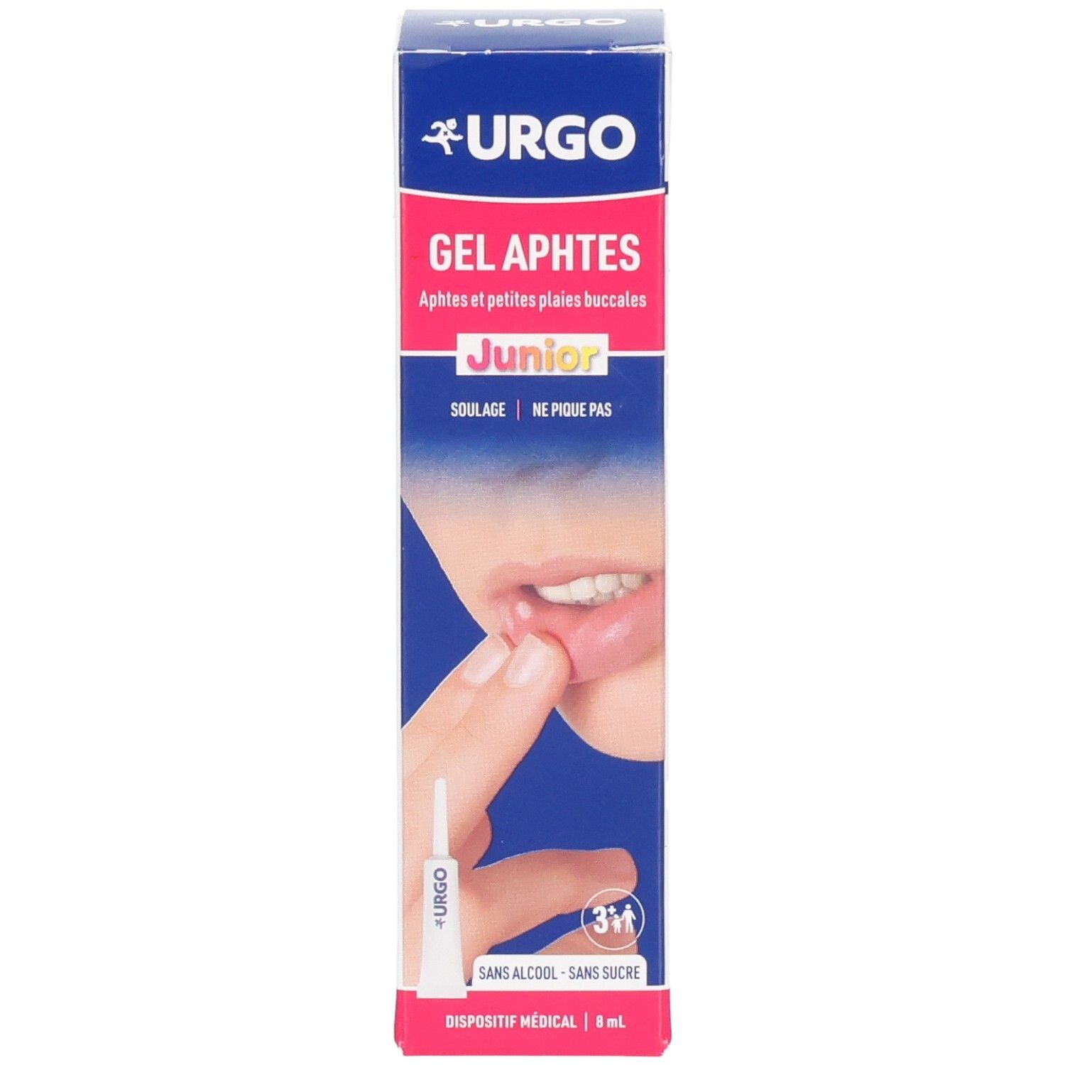 URGO Gel Aphten Junior Verpackung, Vorderseite mit Abbildung eines Mundes mit Aphthen.