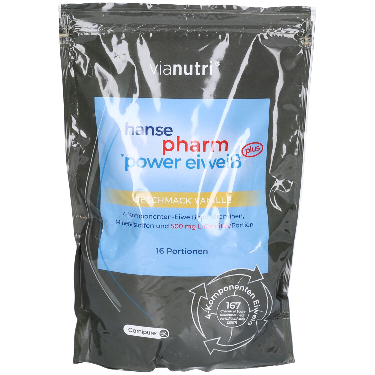 Beutel mit "POWER EIWEISS plus"-Pulver. "Vanille"-Geschmack. "hanse pharm"-Logo. 16 Portionen. Transparente Verpackung.