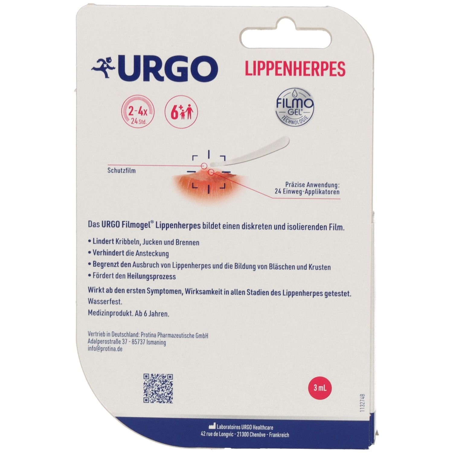 Rückseite der Verpackung. Produktname und Logo. Informationen zur Anwendung und Inhaltsstoffe.