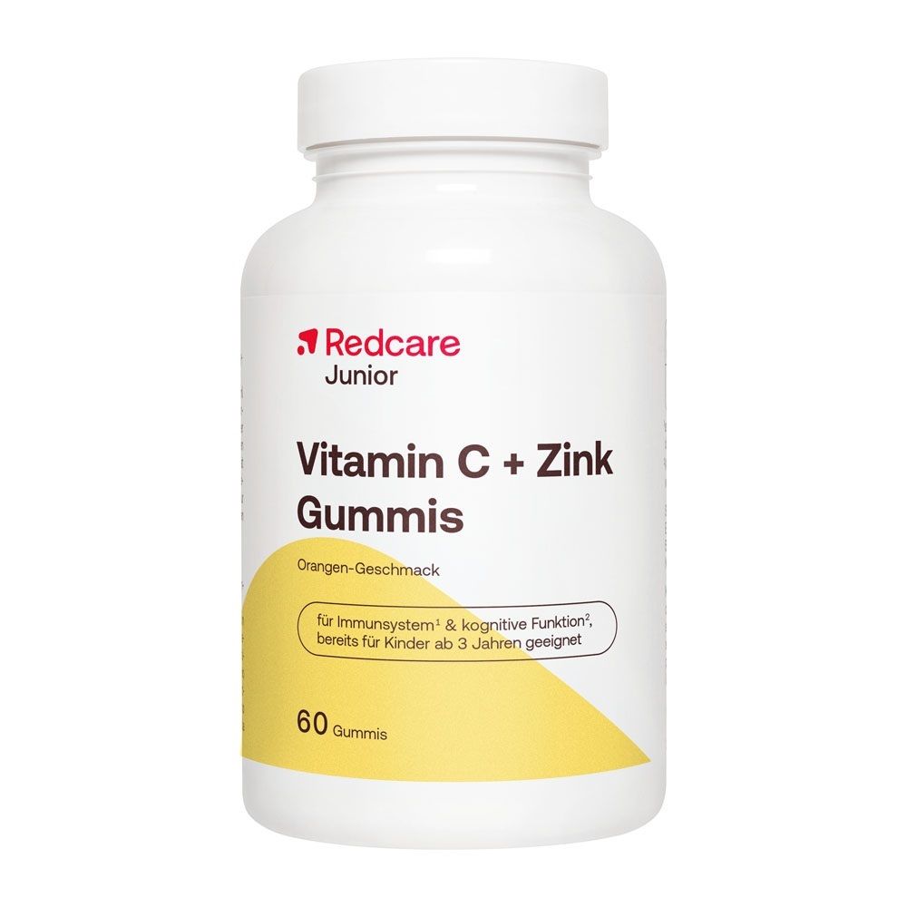 Flasche Redcare Junior Vitamin C + Zink Gummis, 60 Stück, Orangengeschmack.