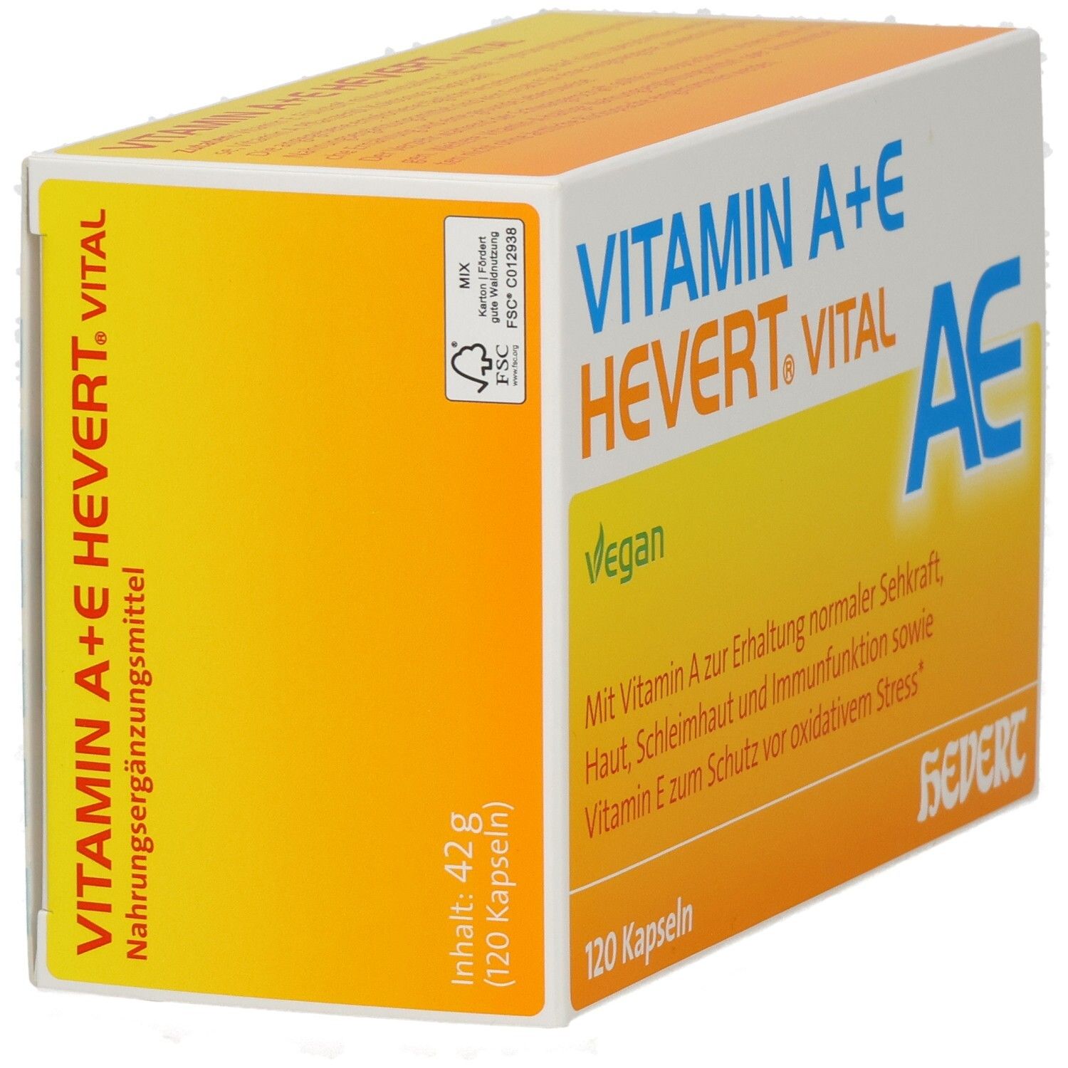 Schachtel VITAMIN A+E HEVERT. VITAL. Aufschrift: 120 Kapseln, 42 g. Enthält Vitamin A und E. FSC-Siegel.