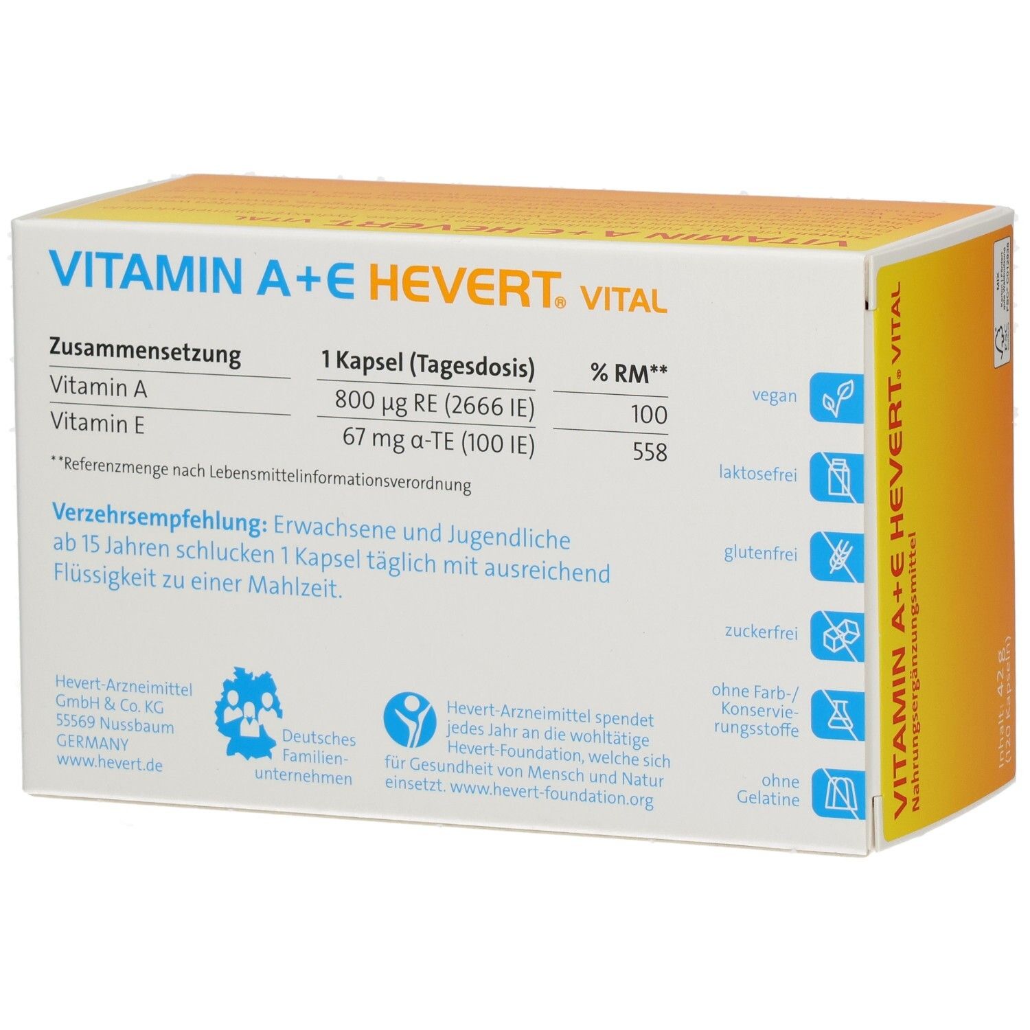 Rückseite der Schachtel mit Inhaltsangaben von VITAMIN A+E HEVERT. VITAL. Enthält Vitamin A und E. Vegan, laktosefrei, glutenfrei.