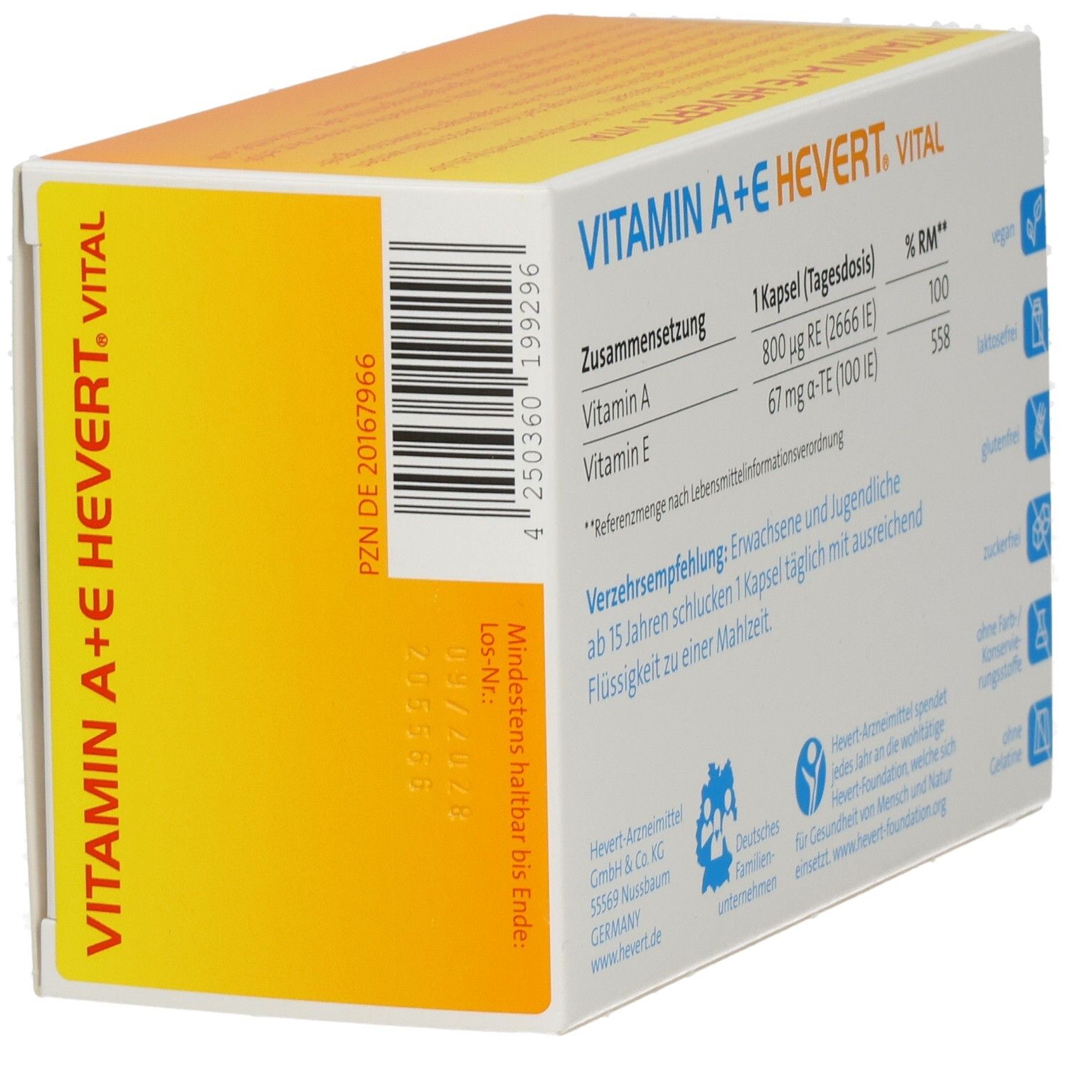 Schachtel VITAMIN A+E HEVERT. VITAL. Aufschrift: Mindestens haltbar bis. Enthält Vitamin A und E. PZN-Nummer.