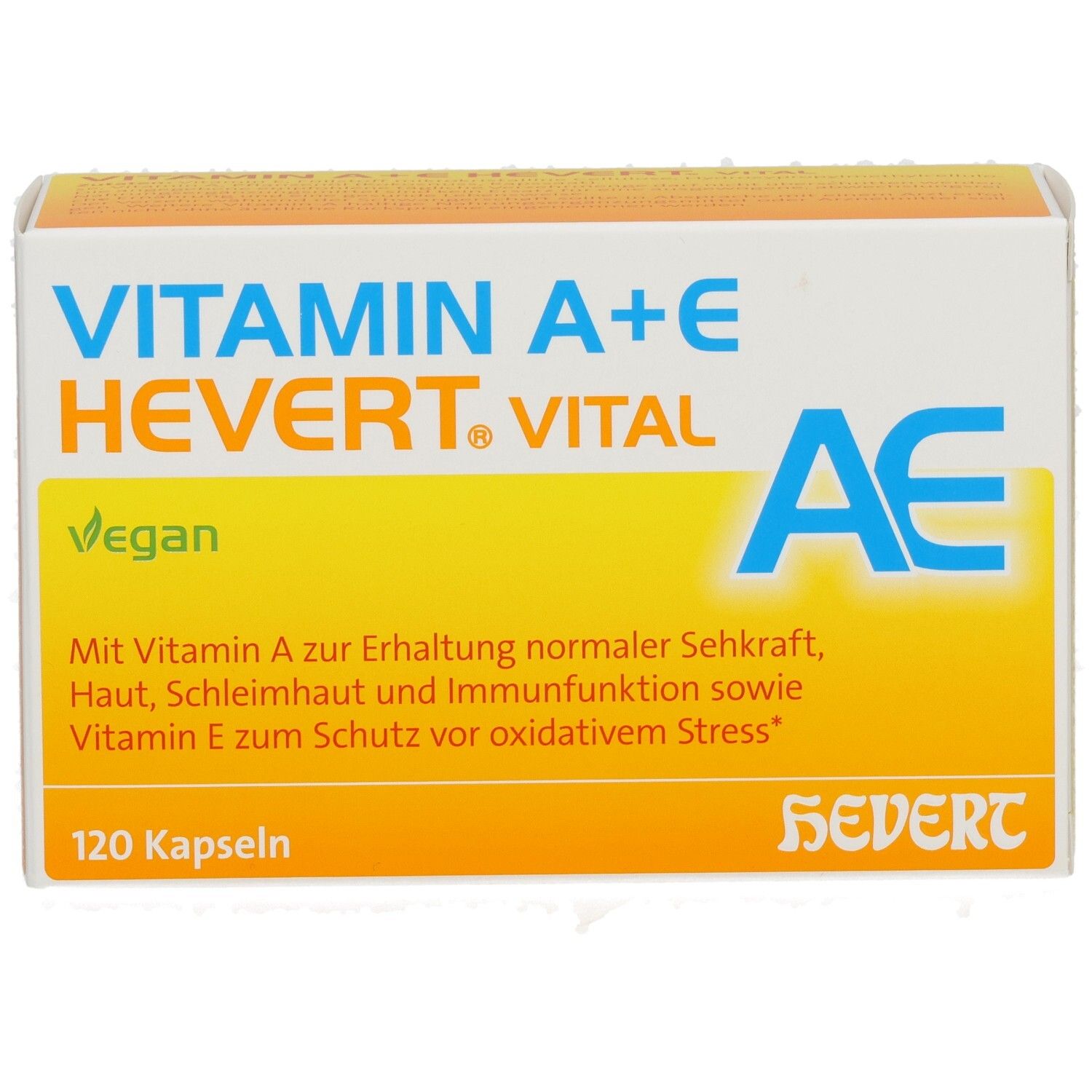 Schachtel mit VITAMIN A+E HEVERT. VITAL. Aufschrift: 120 Kapseln, Vegan. Enthält Vitamin A und E. HEVERT Logo.