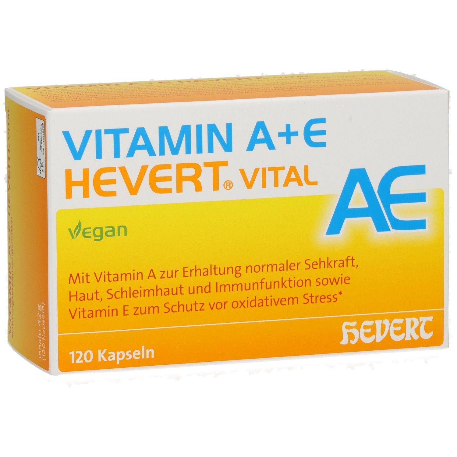 Schachtel mit VITAMIN A+E HEVERT. VITAL. Aufschrift: 120 Kapseln, Vegan. Enthält Vitamin A und E. HEVERT Logo.