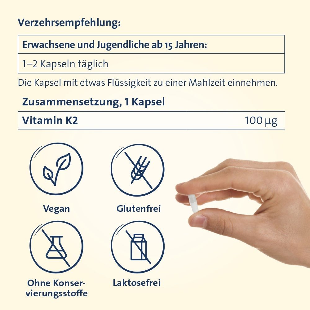 Hand hält eine Kapsel. Symbole für Vegan, Glutenfrei, ohne Konservierungsstoffe, laktosefrei. Text: Verzehrempfehlung.