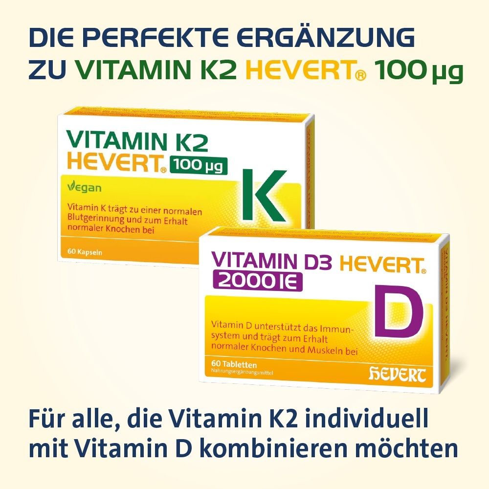 Zwei Packungen: Vitamin K2 Hevert 100 µg und Vitamin D3 Hevert 2000 IE. Text: Die perfekte Ergänzung zu Vitamin K2.