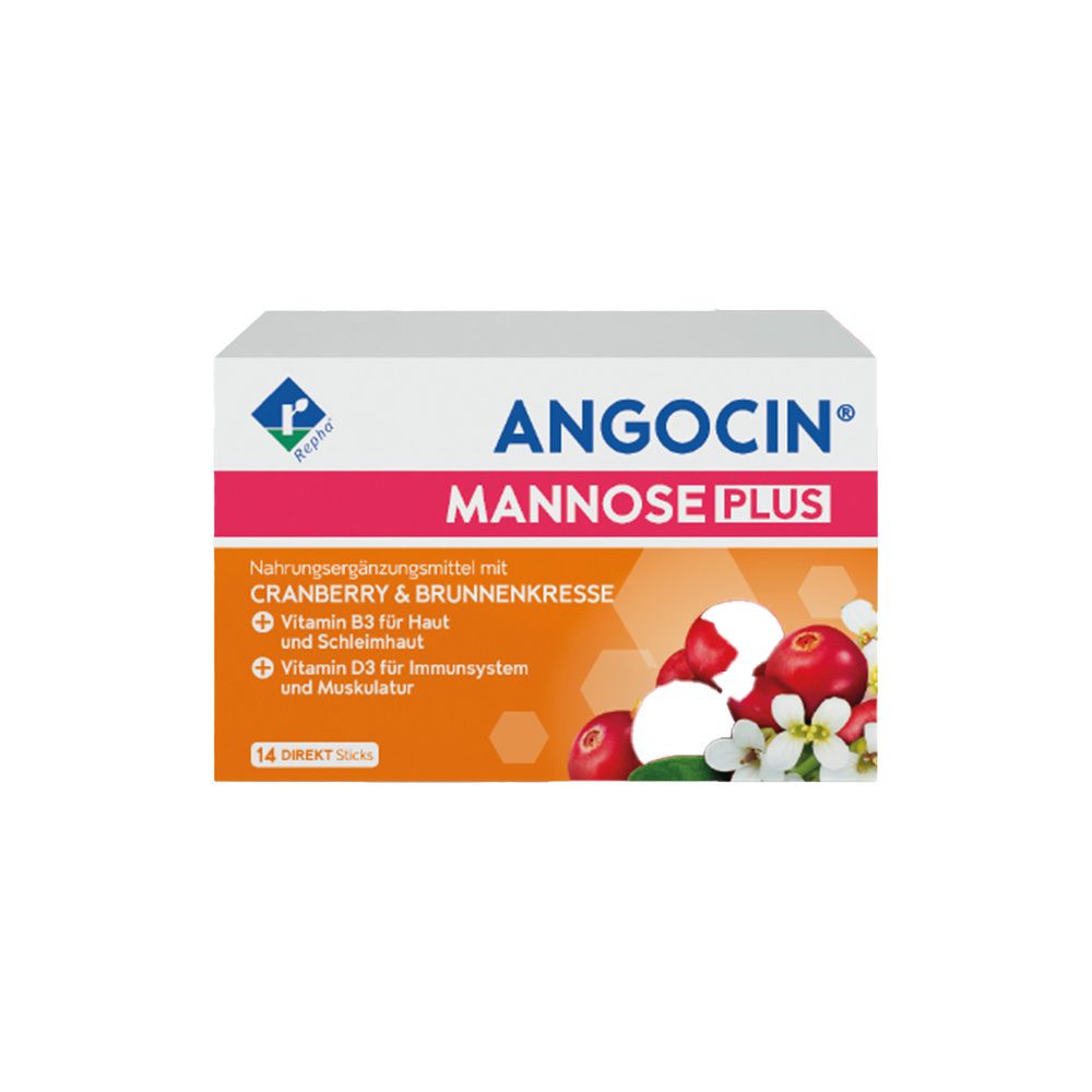 Weißer Karton mit Produktnamen ANGOCIN MANNOSE PLUS. Aufdruck mit Cranberry, Brunnenkresse, Vitamin B3 und D3. 14 Direkt Sticks.