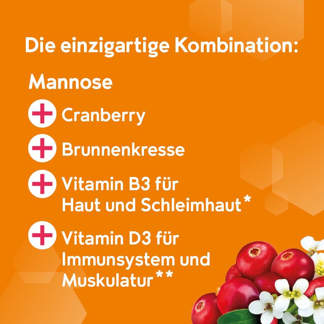 ANGOCIN MANNOSE PLUS Inhaltsstoffe: Mannose, Cranberry, Brunnenkresse, Vitamin B3, Vitamin D3.