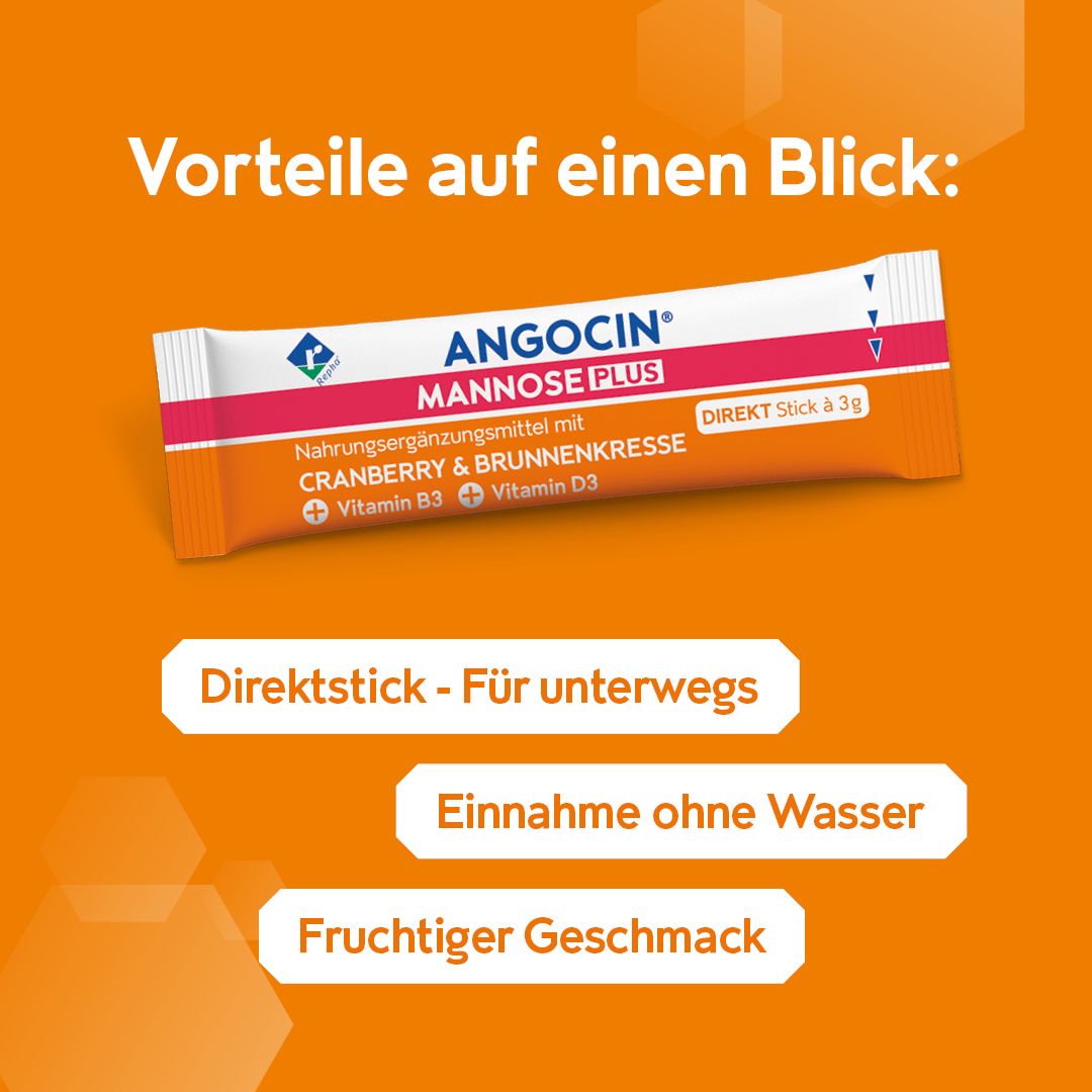 ANGOCIN MANNOSE PLUS Direktstick für unterwegs, Einnahme ohne Wasser, fruchtiger Geschmack.