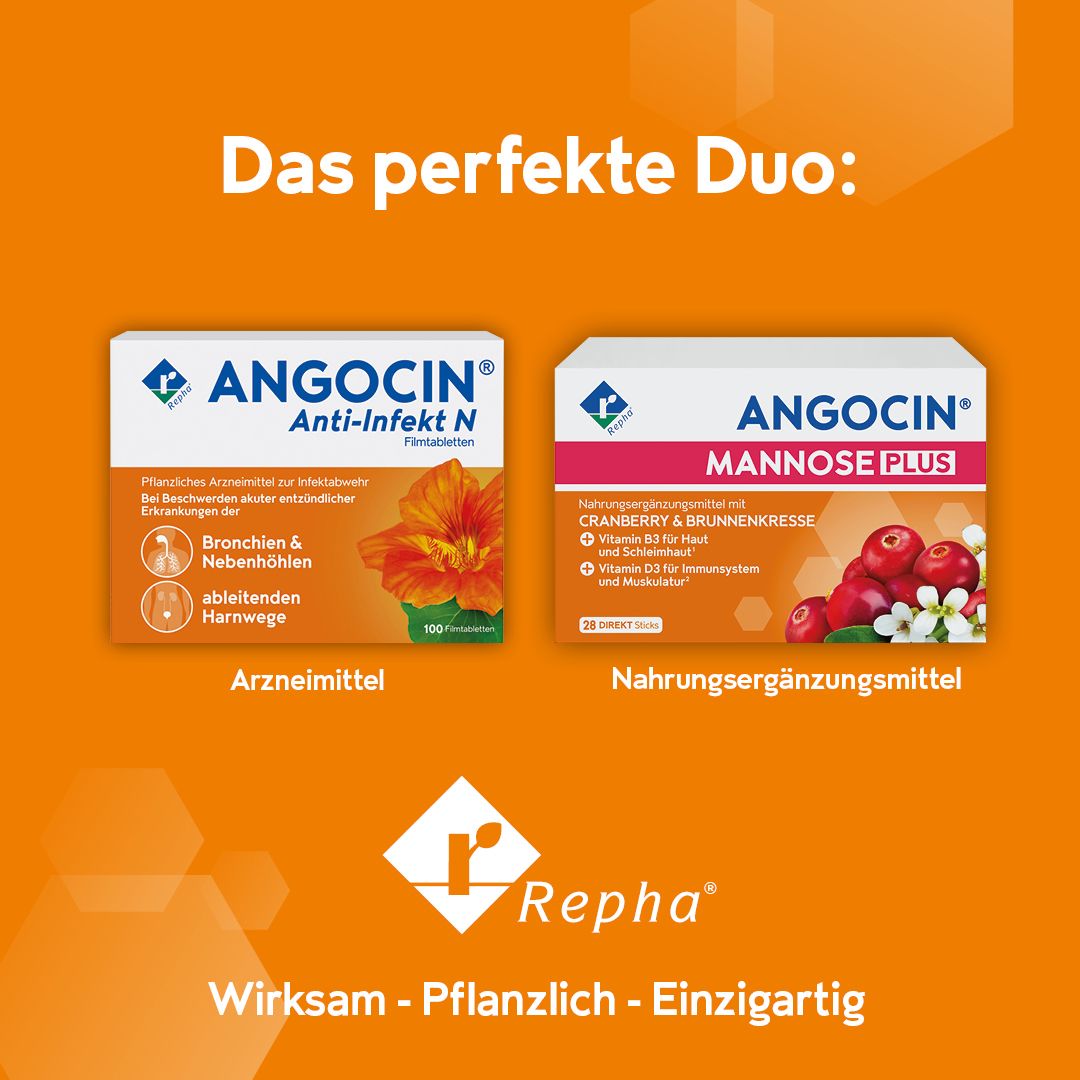 ANGOCIN MANNOSE PLUS und ANGOCIN Anti-Infekt N Packungen nebeneinander.